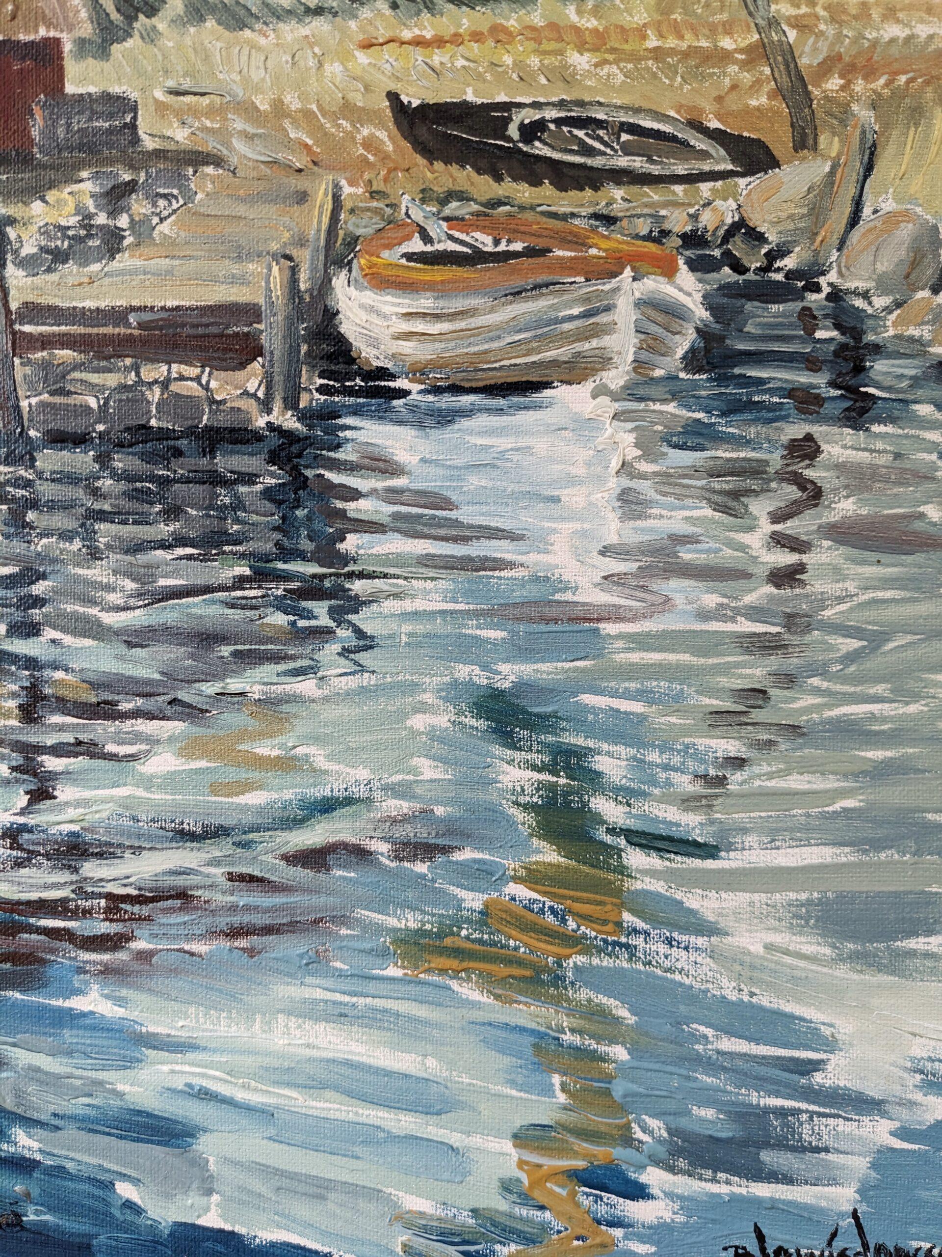 1971 Mid-Century Modern Swedish Framed River Landscape Oil Painting - Boathouse For Sale 4