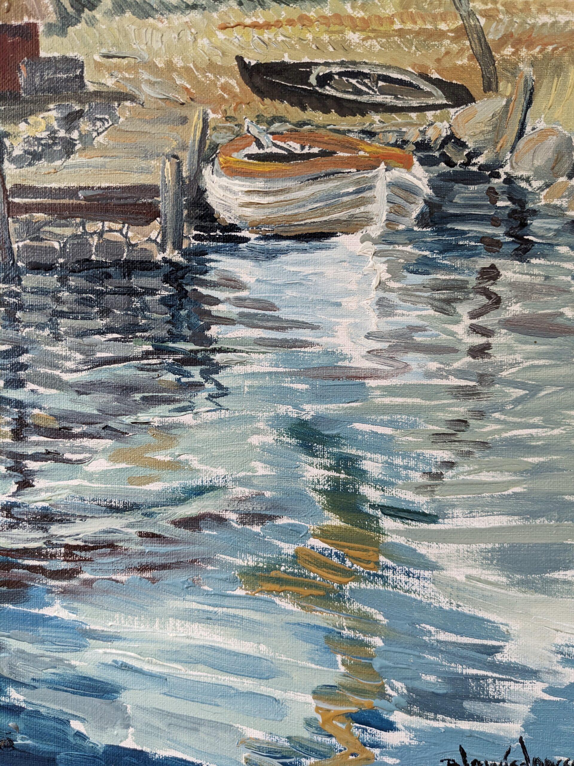 1971 Mid-Century Modern Swedish Framed River Landscape Oil Painting - Boathouse For Sale 3