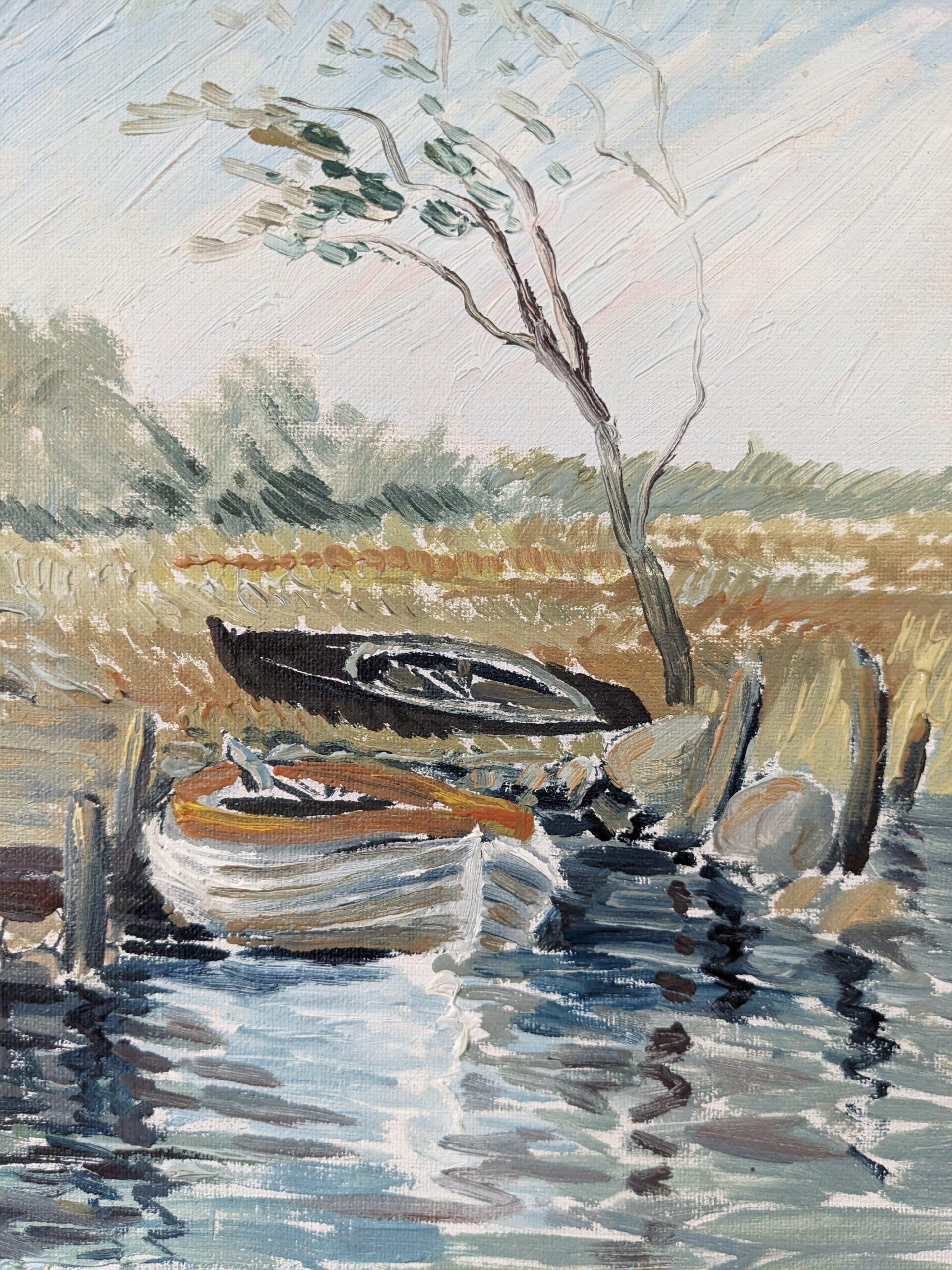 1971 Mid-Century Modern Swedish Framed River Landscape Oil Painting - Boathouse For Sale 5