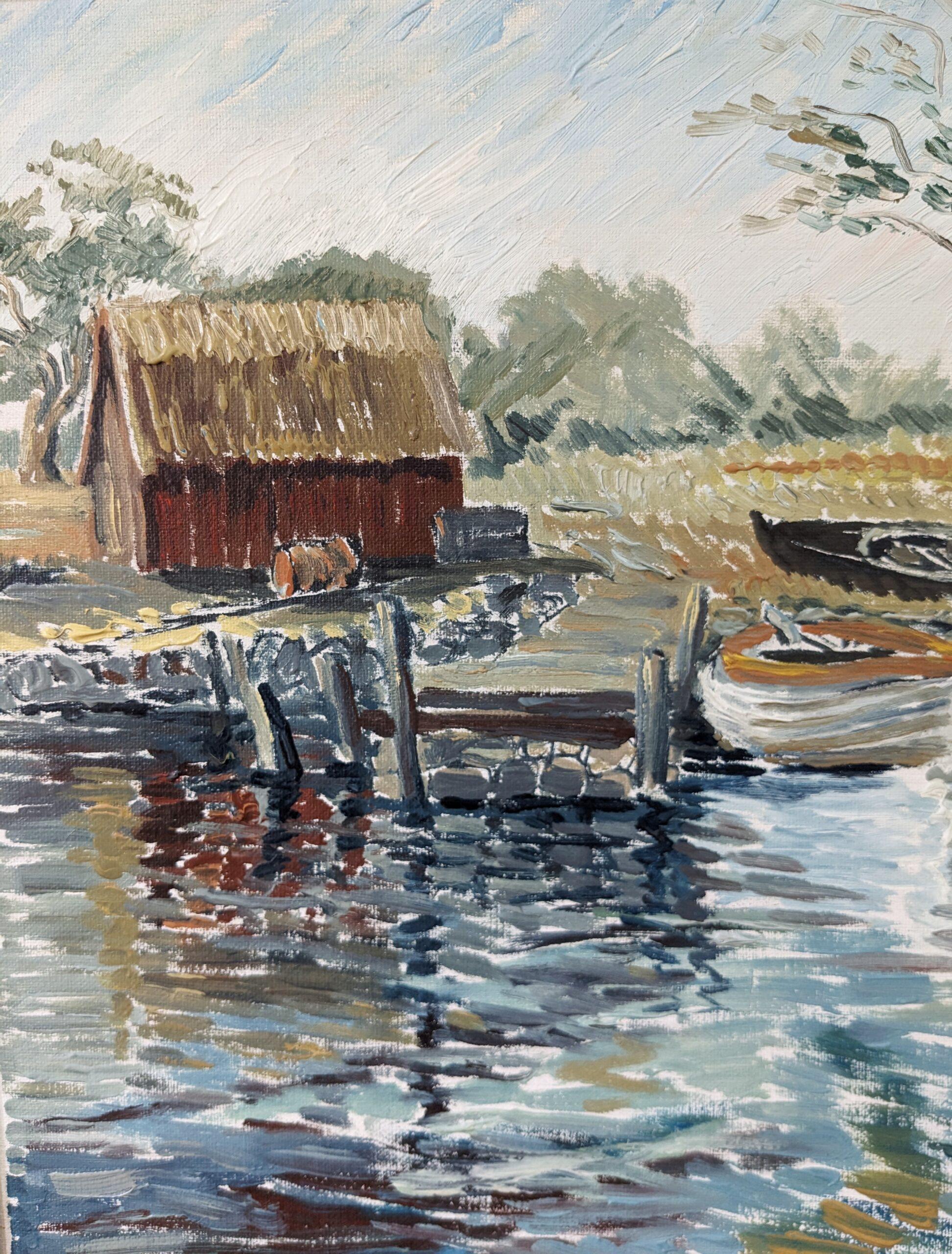 1971 Mid-Century Modern Swedish Framed River Landscape Oil Painting - Boathouse For Sale 6