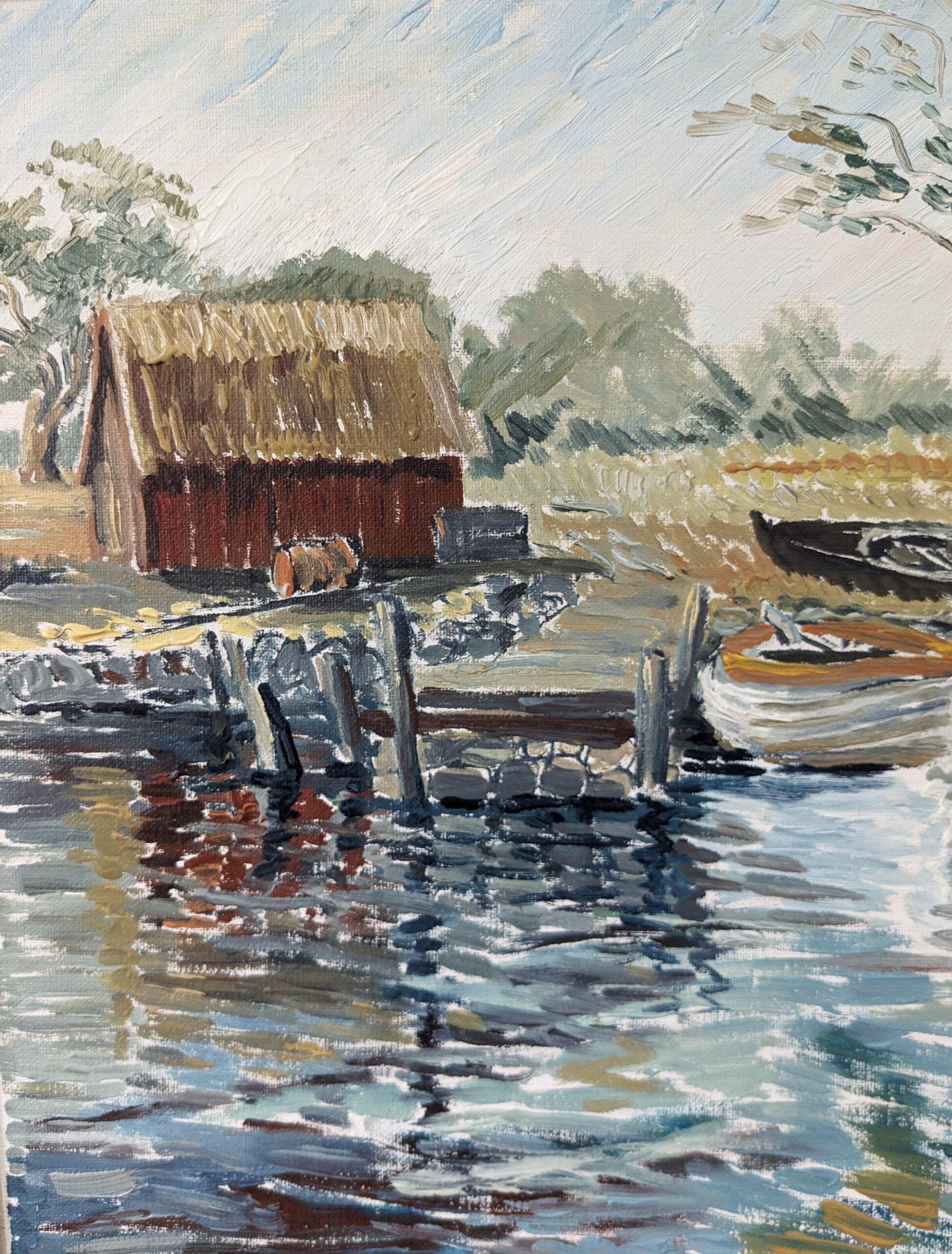 1971 Mid-Century Modern Swedish Framed River Landscape Oil Painting - Boathouse For Sale 5