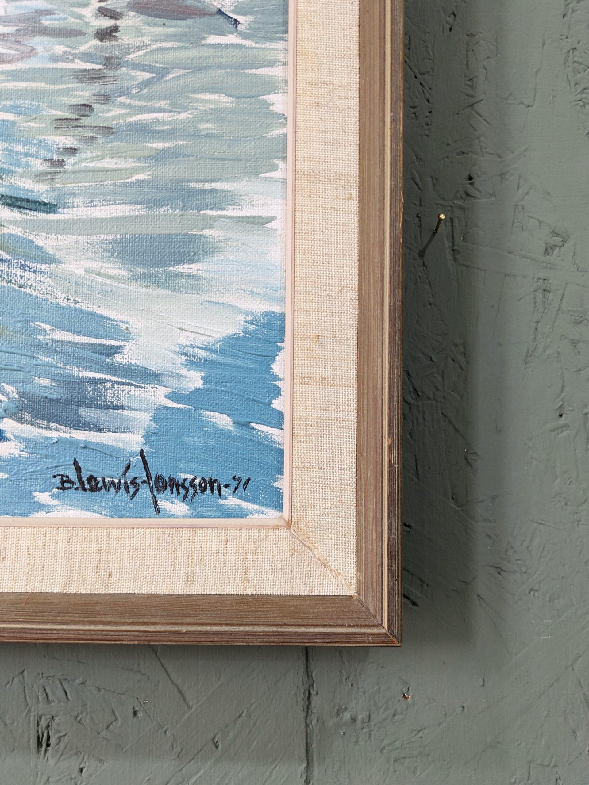 1971 Mid-Century Modern Swedish Framed River Landscape Oil Painting - Boathouse For Sale 6
