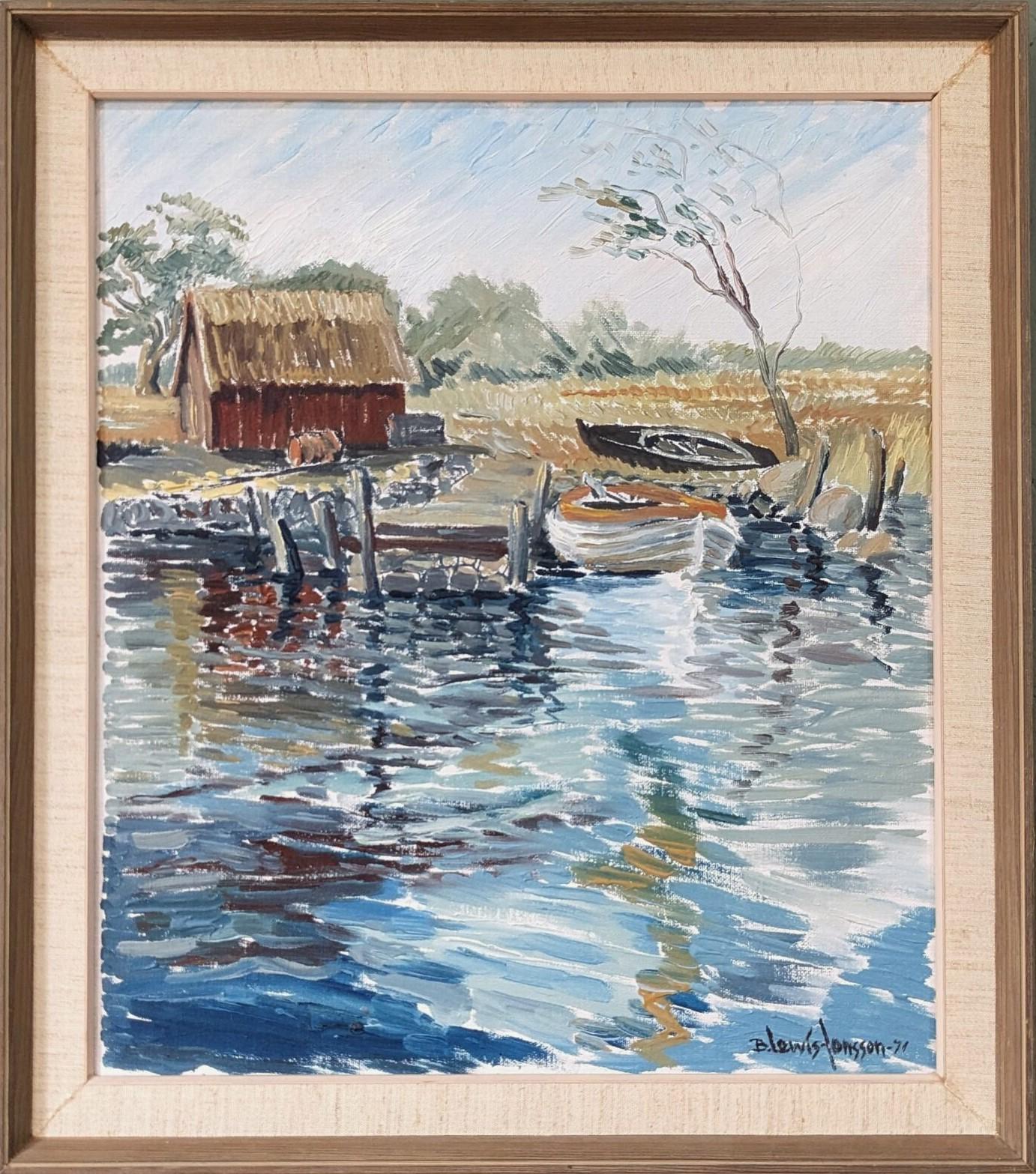 Unknown Landscape Painting - 1971 Mid-Century Modern Swedish Framed River Landscape Oil Painting - Boathouse