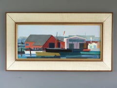 1971 Modernist Vintage Swedish Landscape Oil Painting - The Colourful Harbour