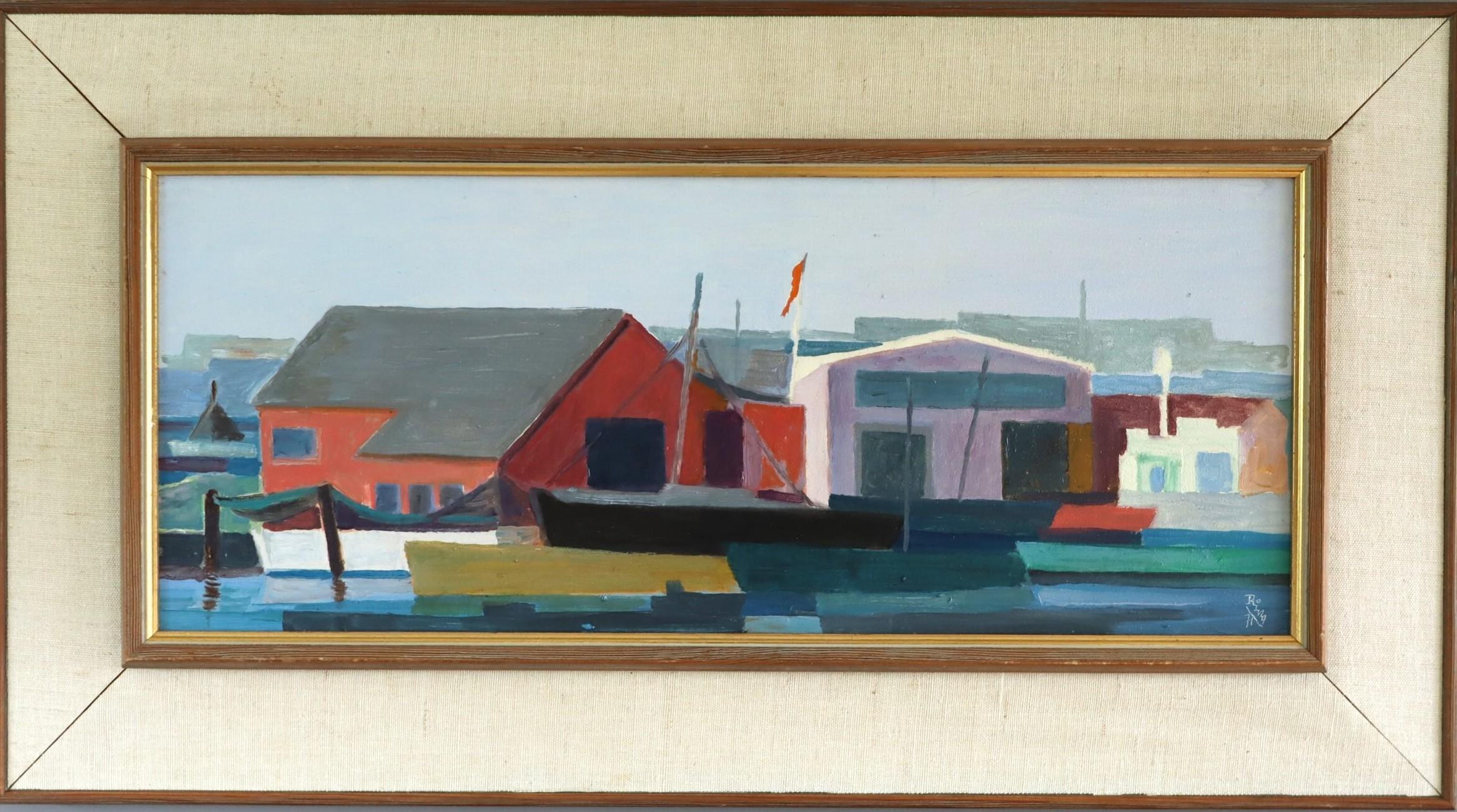 1971 Modernist Vintage Swedish Landscape Oil Painting - The Colourful Harbour