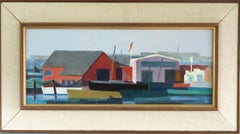 1971 Modernist Vintage Swedish Landscape Oil Painting - The Colourful Harbour