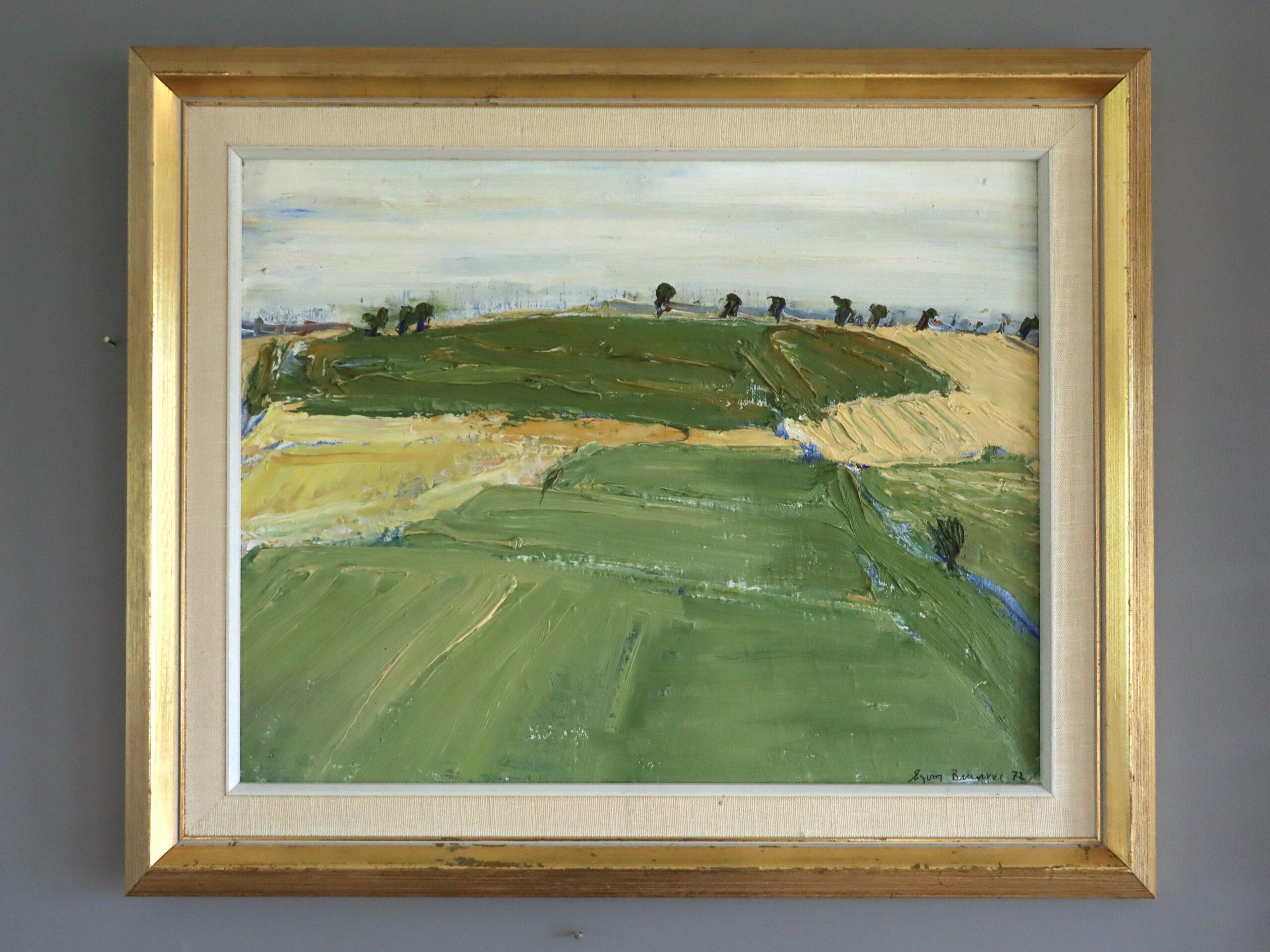 1972 Modernist Swedish Abstract Landscape Oil Painting - Fields in Late Summer (Braun), Landscape Painting, von Unknown