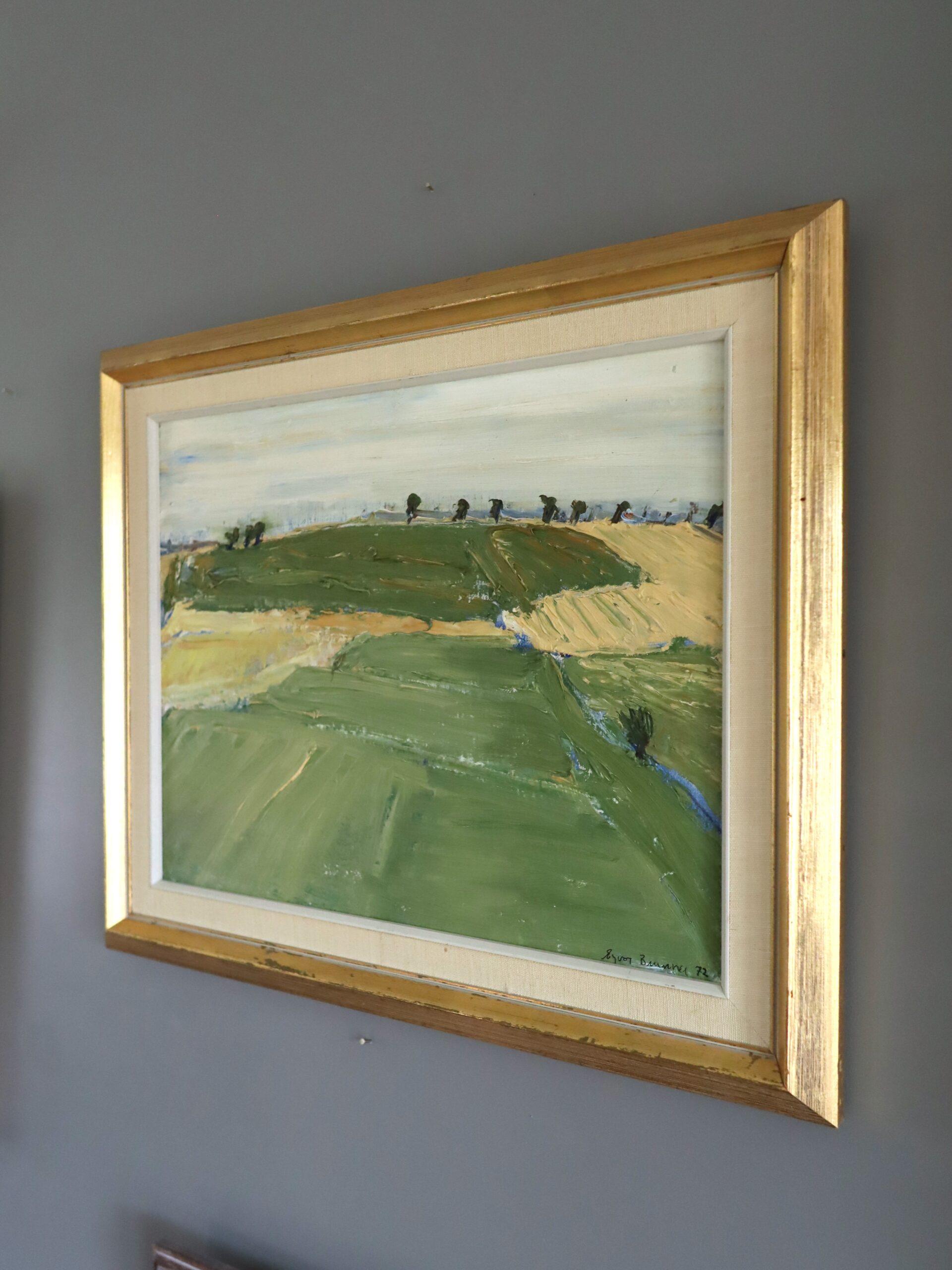 1972 Modernist Swedish Abstract Landscape Oil Painting - Fields in Late Summer im Angebot 1