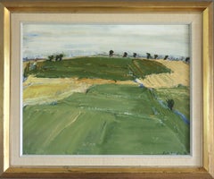 1972 Modernist Swedish Abstract Landscape Oil Painting - Fields in Late Summer