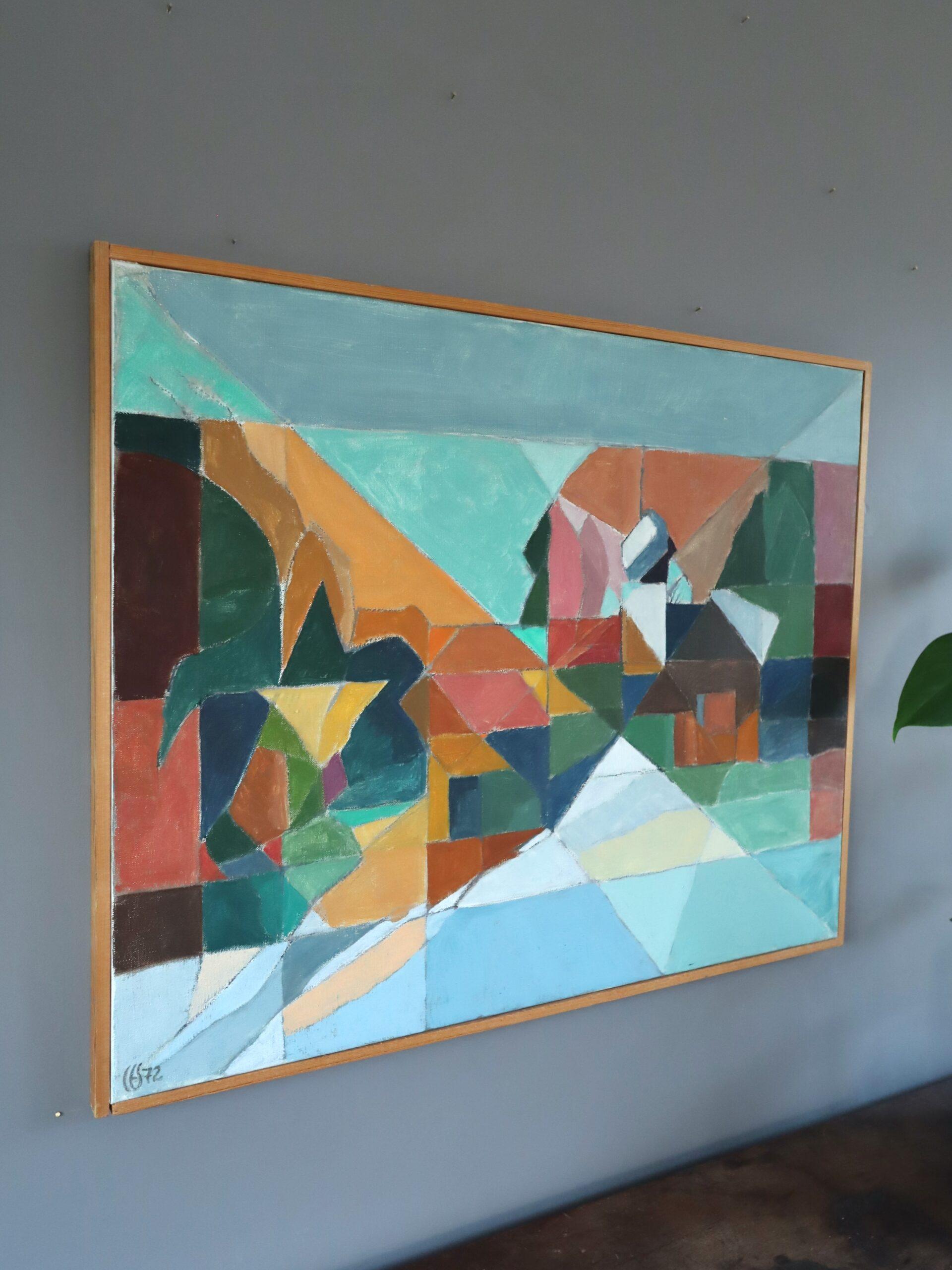 1972 Modernistisches schwedisches abstraktes Landschafts-Ölgemälde - Fragmente eines Tages (Grau), Landscape Painting, von Unknown