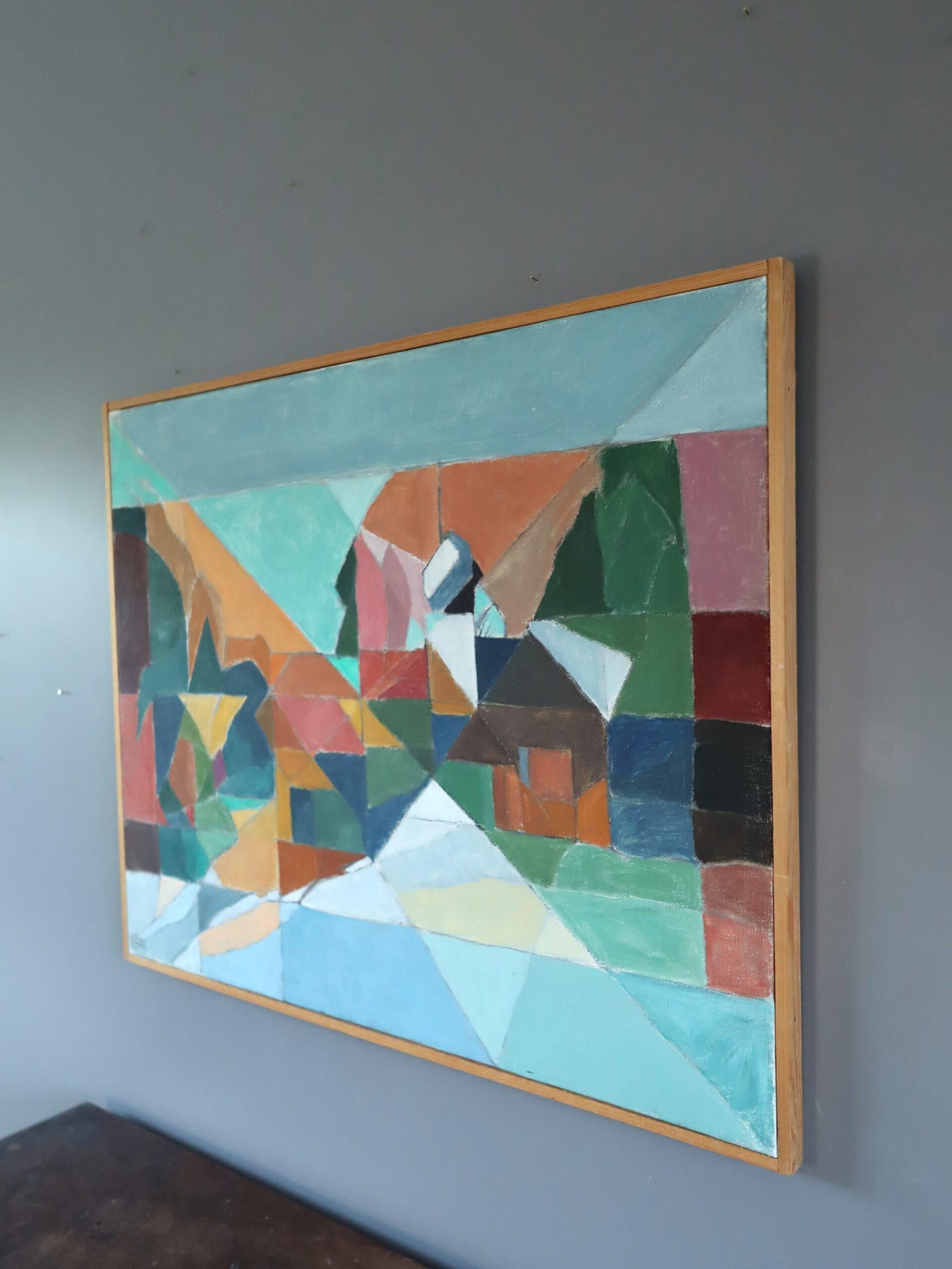 FRAGMENTE EINES TAGES
Größe: 59,5 x 74 cm (einschließlich Rahmen)
Öl auf Leinwand

Ein beeindruckendes modernistisches Werk, das eine in kantige Flächen und ineinander greifende Farbblöcke fragmentierte Szene zeigt, die an Figuren und Strukturen in