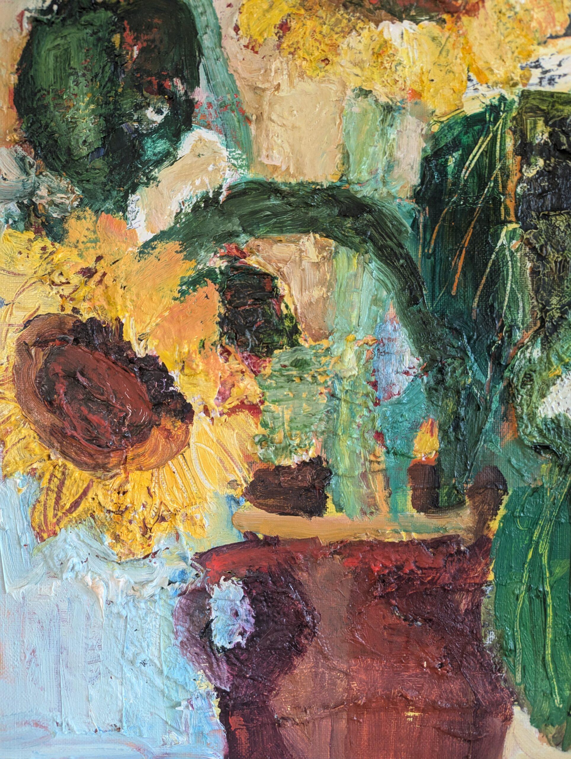 1972 Pittura ad olio originale di natura morta - Girasoli in fiore in vendita 7