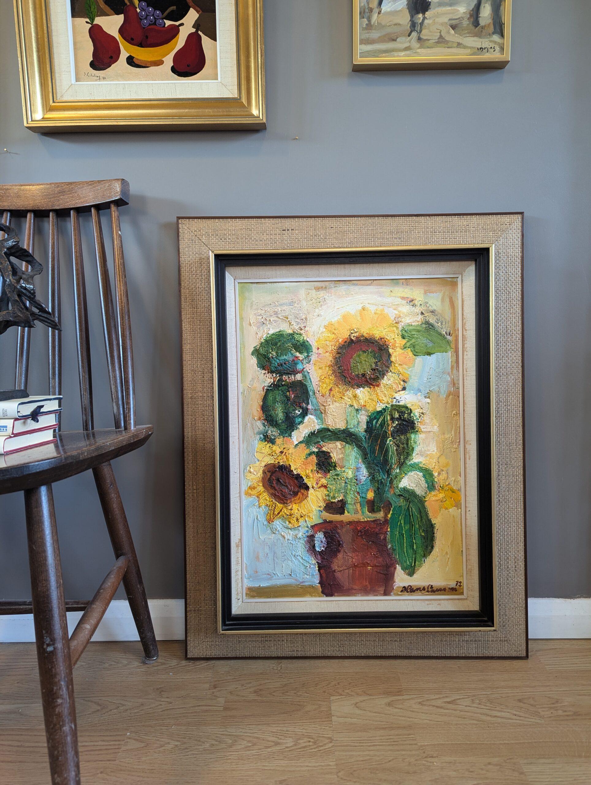 1972 Pittura ad olio originale di natura morta - Girasoli in fiore - Painting di Unknown