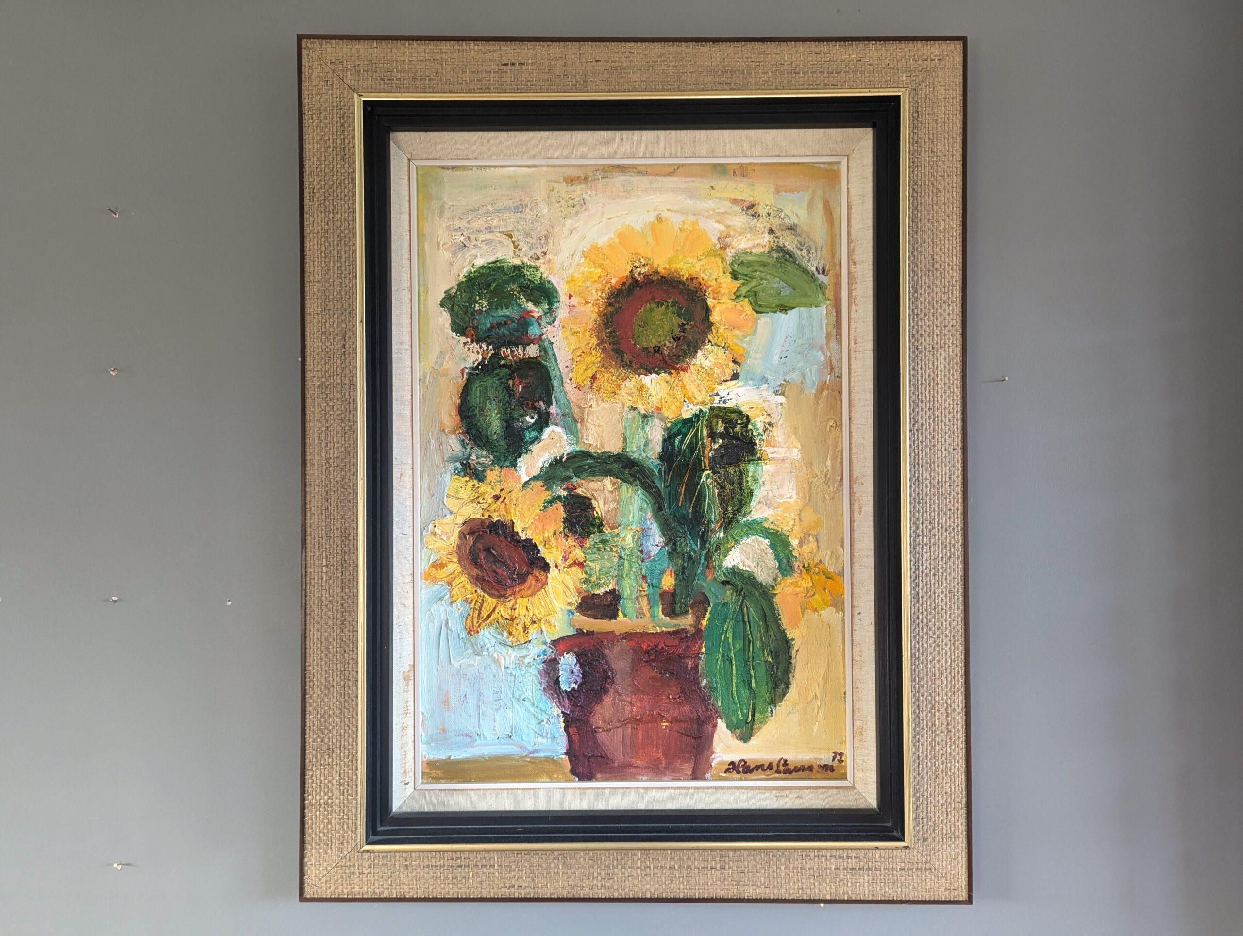 1972 Pittura ad olio originale di natura morta - Girasoli in fiore - Painting Moderno di Unknown