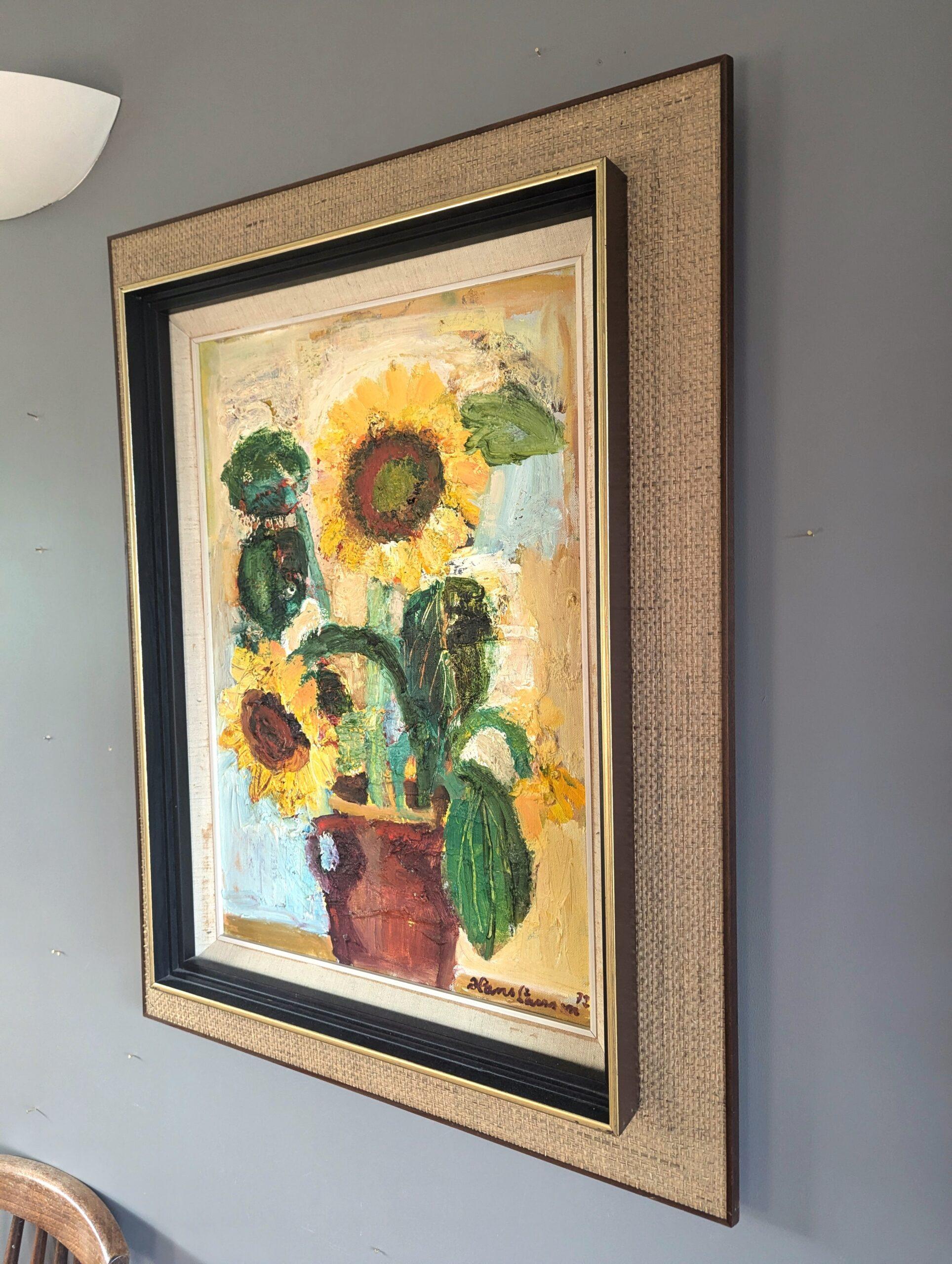 1972 Pittura ad olio originale di natura morta - Girasoli in fiore - Still-Life Painting Marrone di Unknown