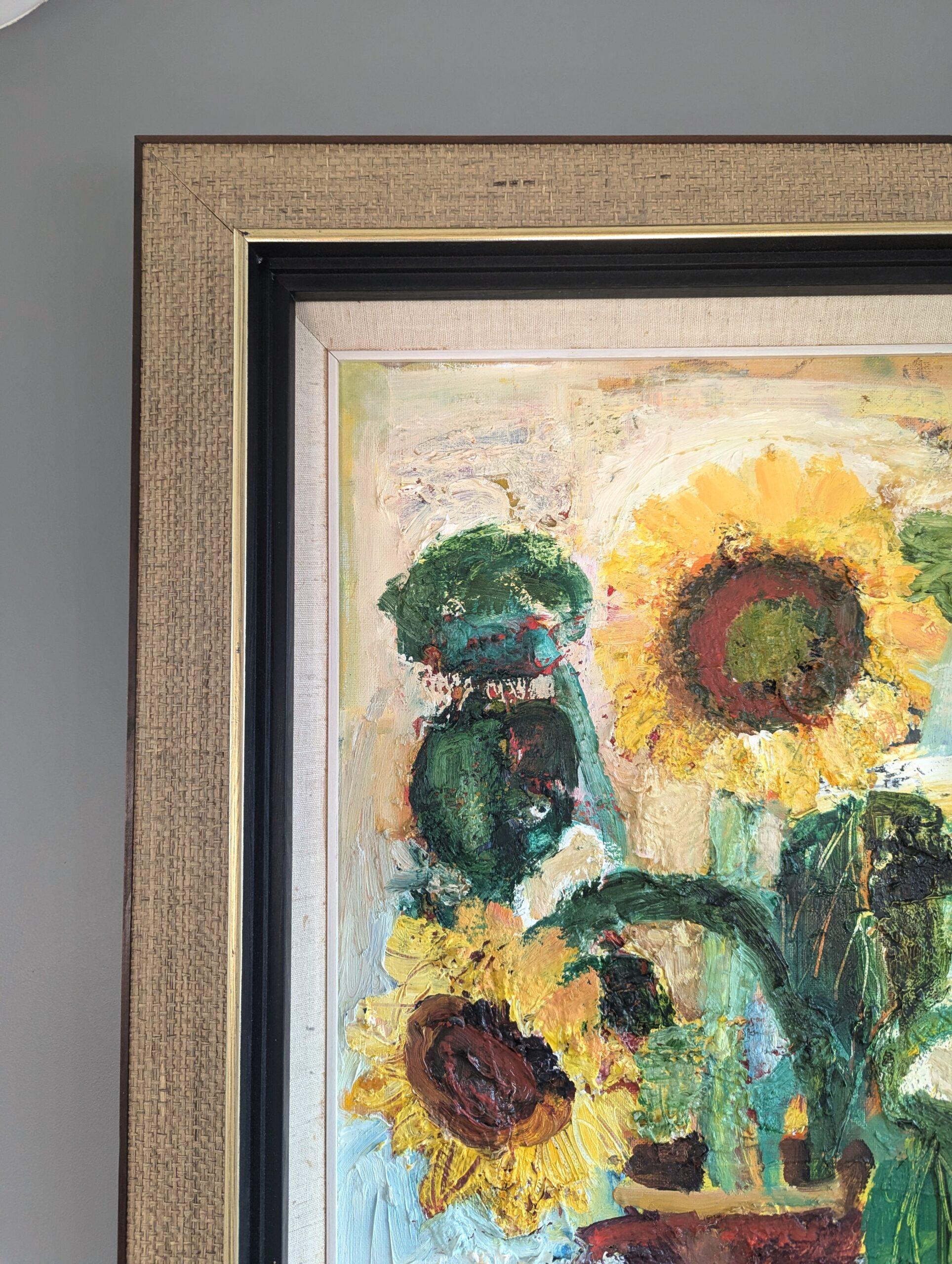 1972 Pittura ad olio originale di natura morta - Girasoli in fiore in vendita 1