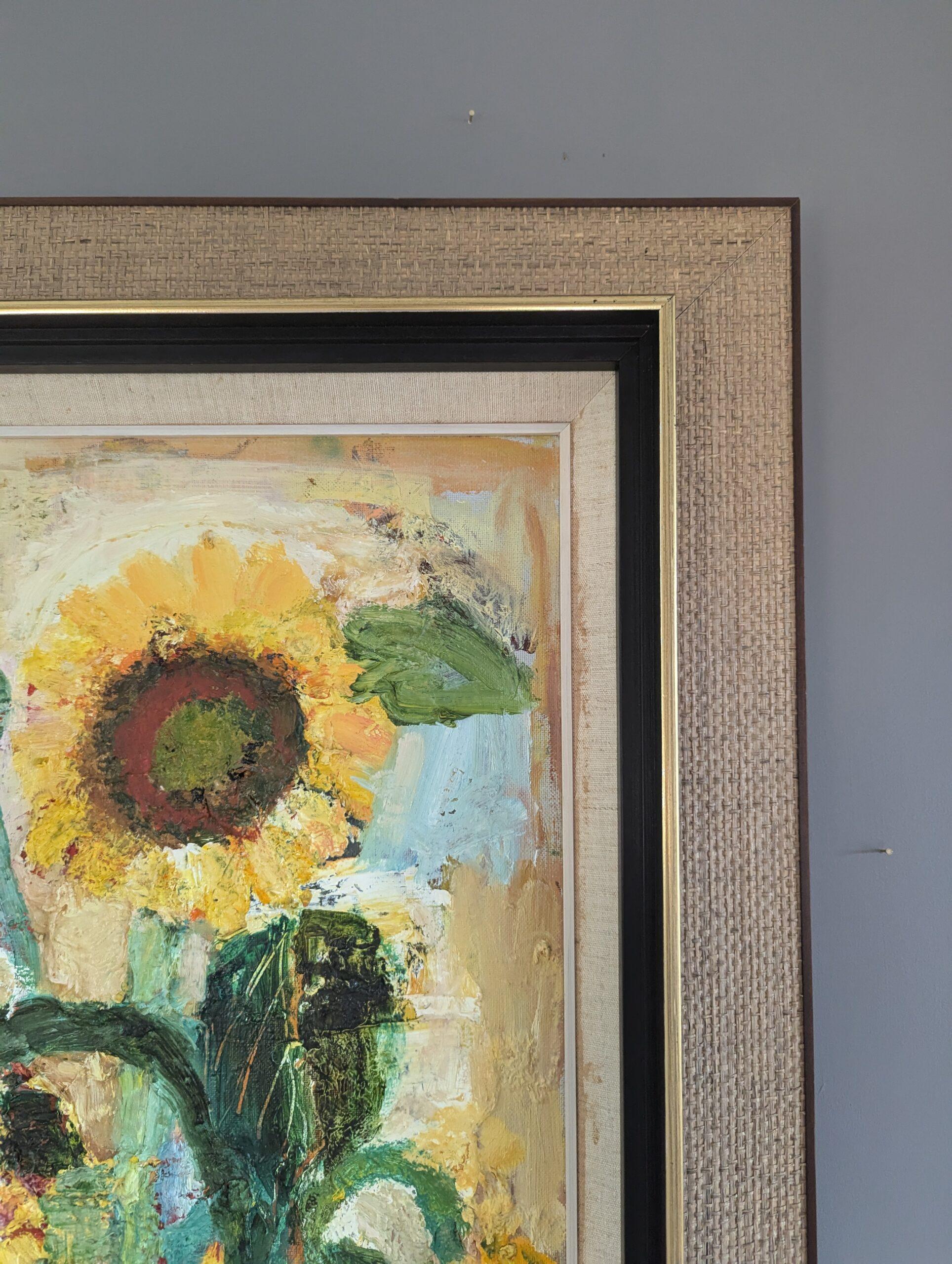 1972 Pittura ad olio originale di natura morta - Girasoli in fiore in vendita 3