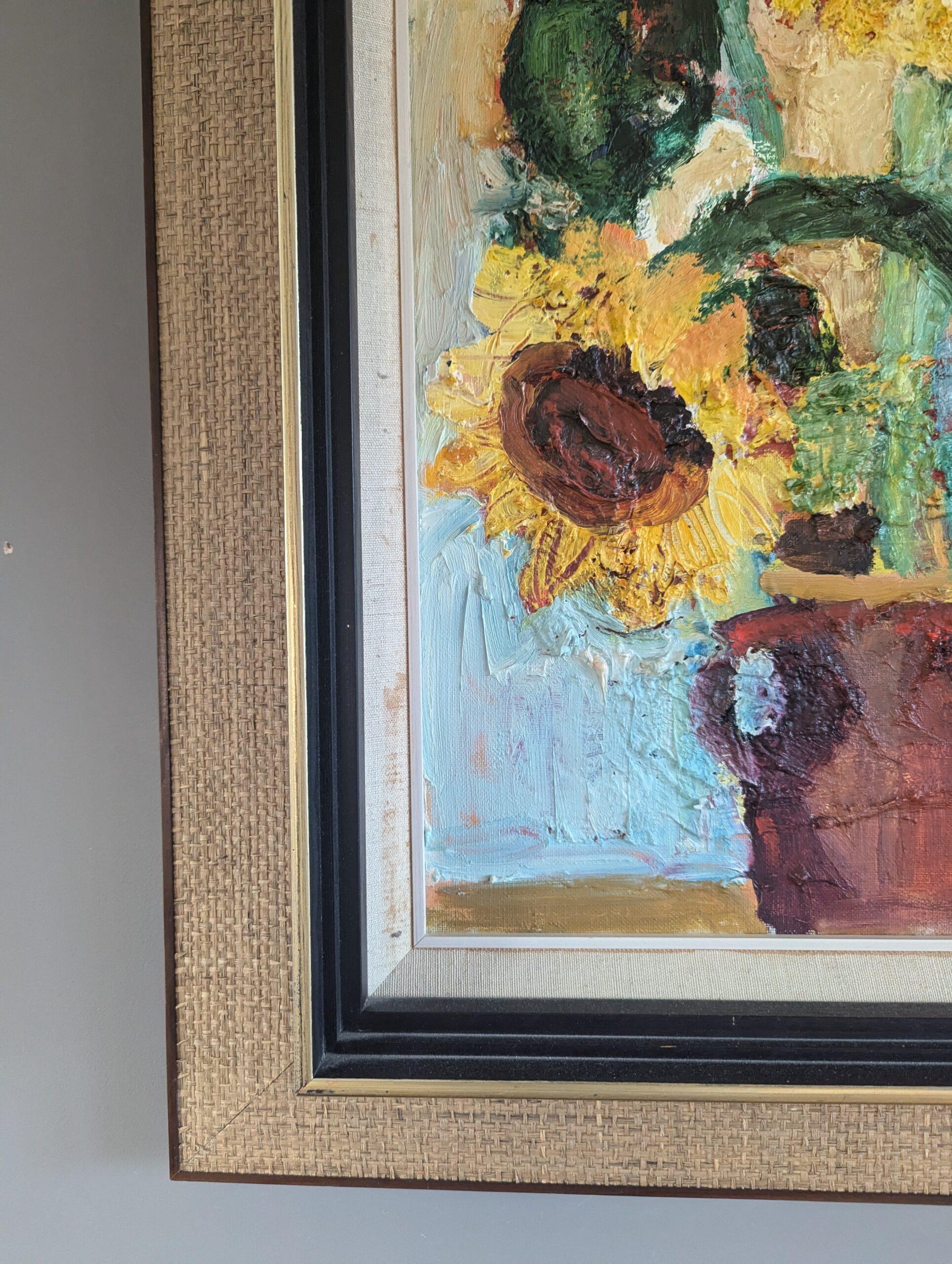 1972 Pittura ad olio originale di natura morta - Girasoli in fiore in vendita 4