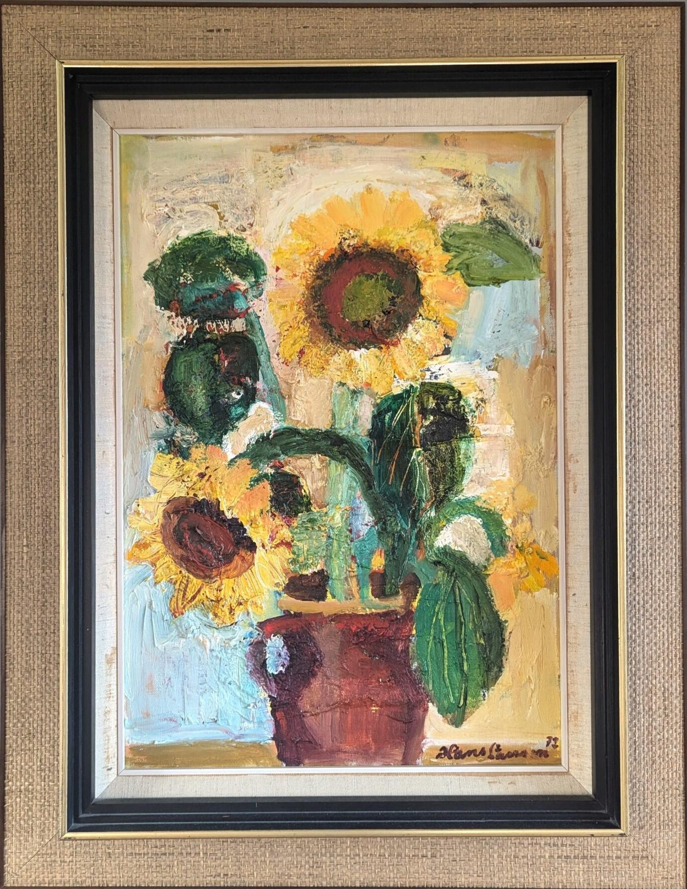 Still-Life Painting di Unknown - 1972 Pittura ad olio originale di natura morta - Girasoli in fiore