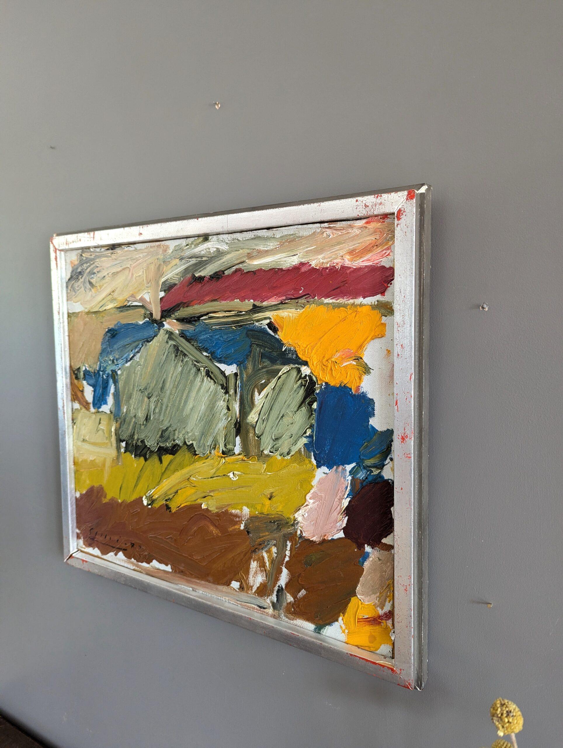 EBULLIENT
Taille : 41 x 45 cm (cadre compris)
Huile sur toile 

Composition abstraite énergique et richement colorée, exécutée à l'huile et datée de 1972.

Avec ses taches vives de couleurs riches, notamment le jaune, le rouge, le bleu et le vert,
