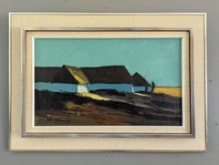 1972 Vintage Modern Landscape Framed Oil Painting - Farmhouses at Dawn
