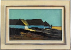 1972 Vintage Modern Landscape Framed Oil Painting - Farmhouses at Dawn