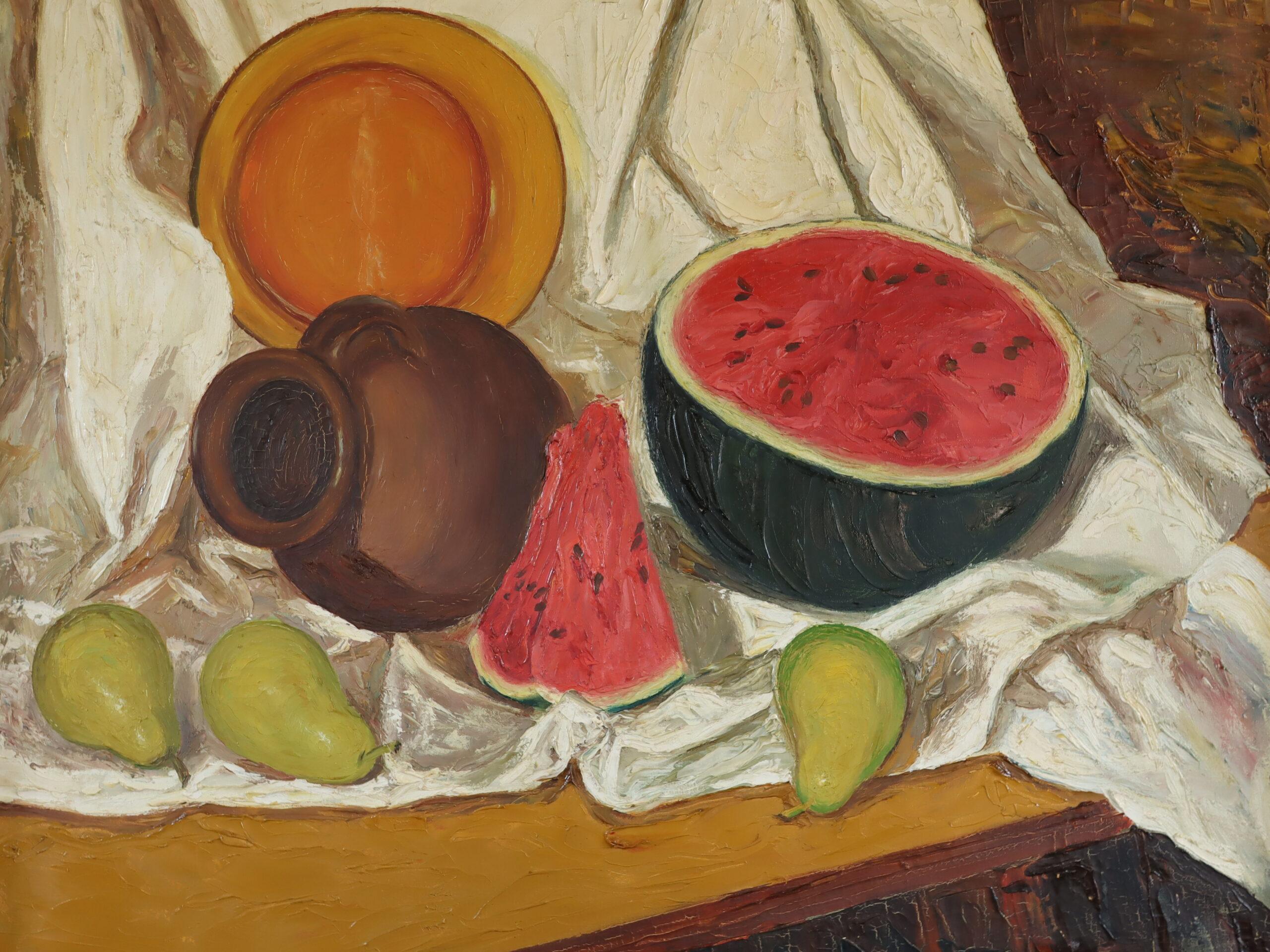 1973 Modernes expressionistisches Stillleben aus der Mitte des Jahrhunderts, Ölgemälde – Aquarell und Topf im Angebot 7