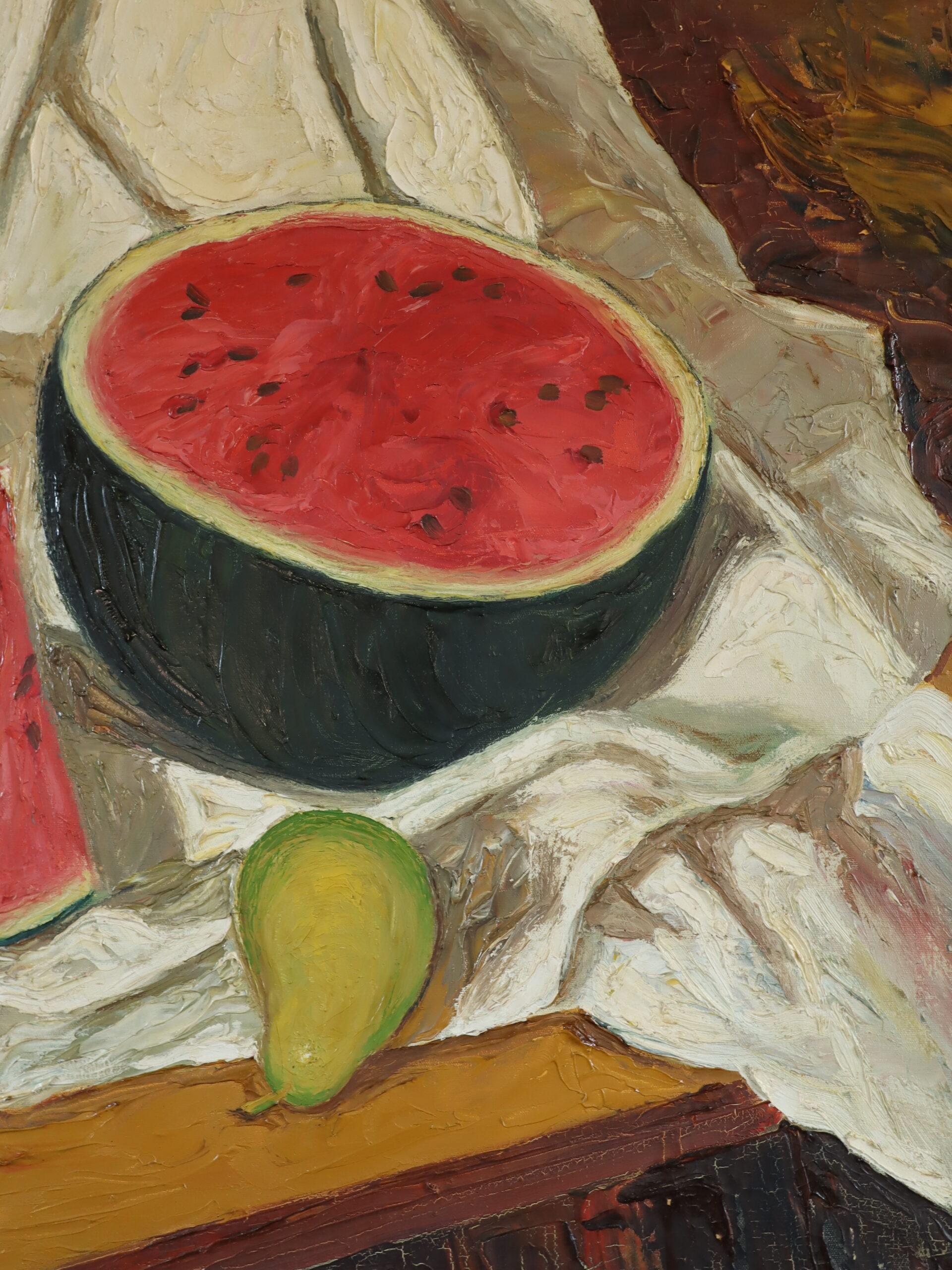 1973 Modernes expressionistisches Stillleben aus der Mitte des Jahrhunderts, Ölgemälde – Aquarell und Topf im Angebot 9