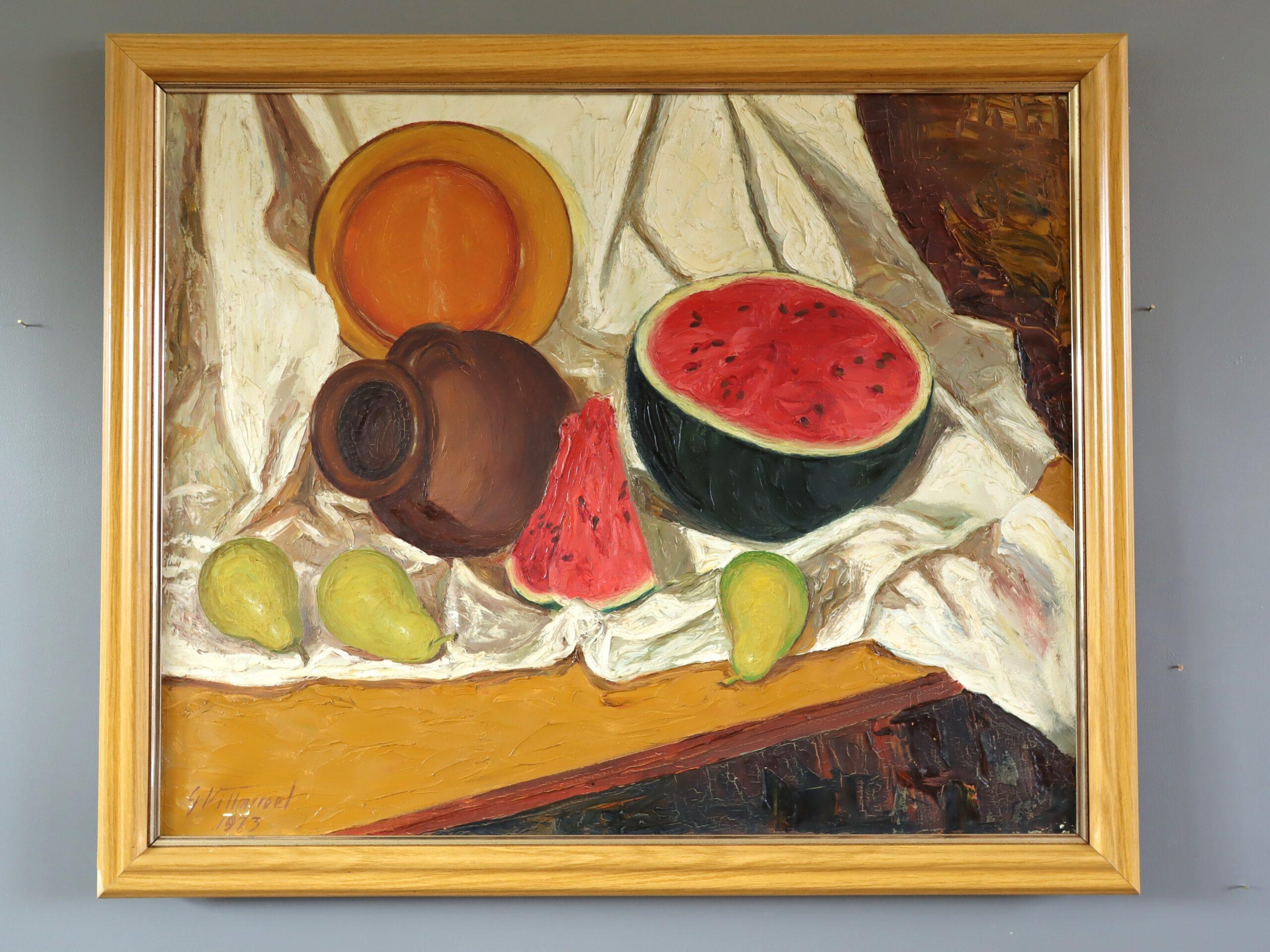 1973 Modernes expressionistisches Stillleben aus der Mitte des Jahrhunderts, Ölgemälde – Aquarell und Topf – Painting von Unknown