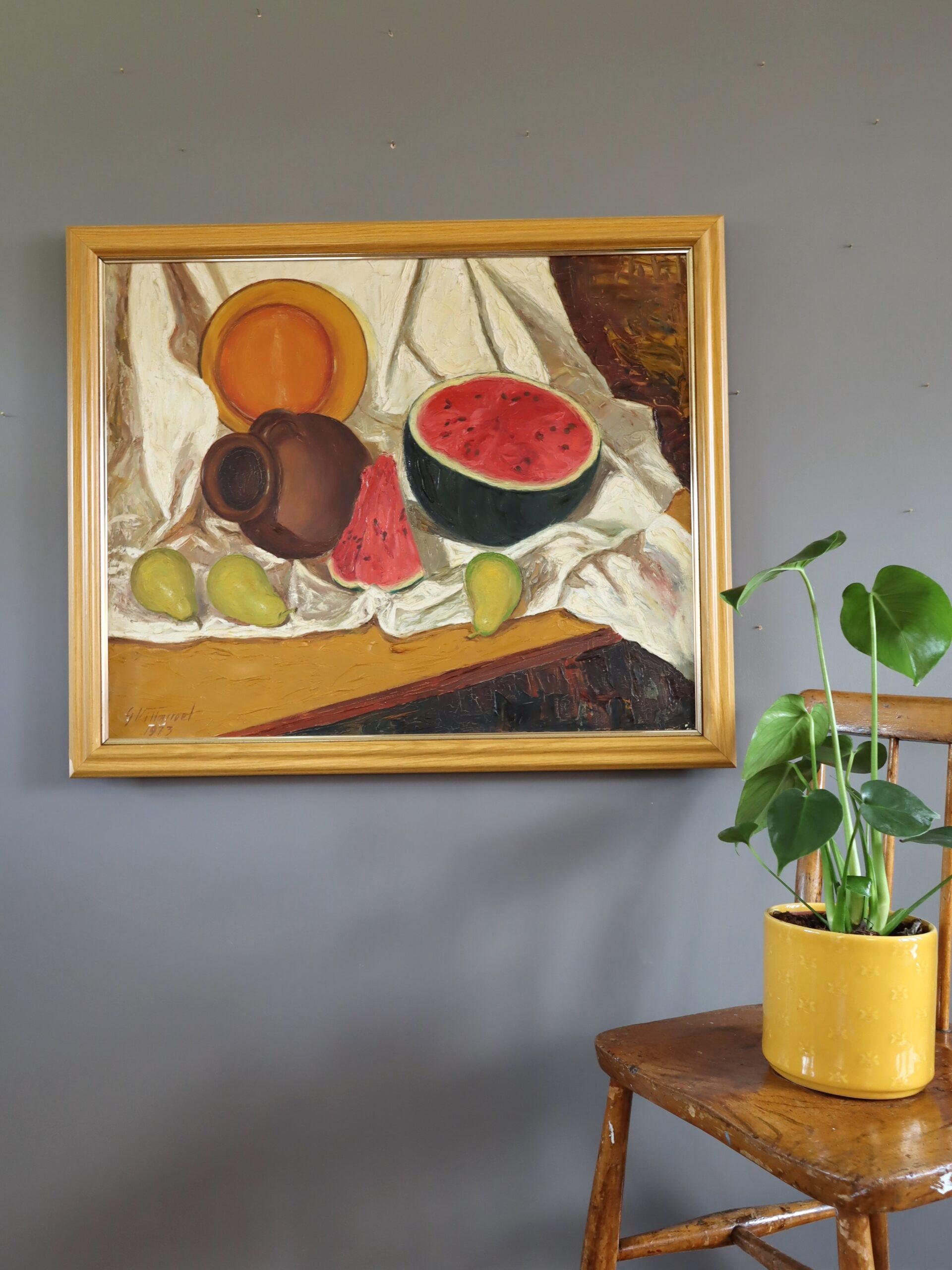 1973 Modernes expressionistisches Stillleben aus der Mitte des Jahrhunderts, Ölgemälde – Aquarell und Topf (Braun), Still-Life Painting, von Unknown