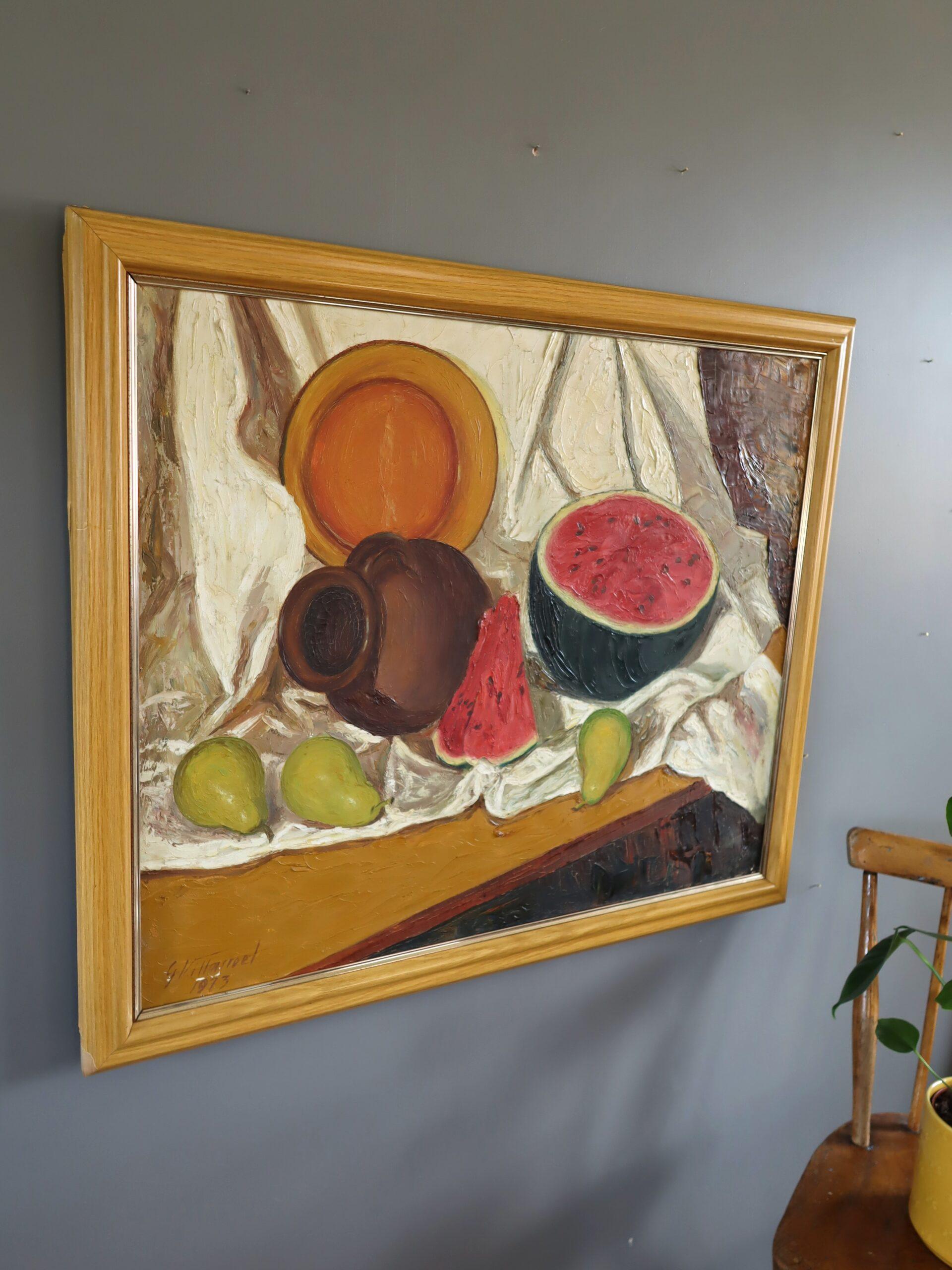 1973 Modernes expressionistisches Stillleben aus der Mitte des Jahrhunderts, Ölgemälde – Aquarell und Topf im Angebot 1