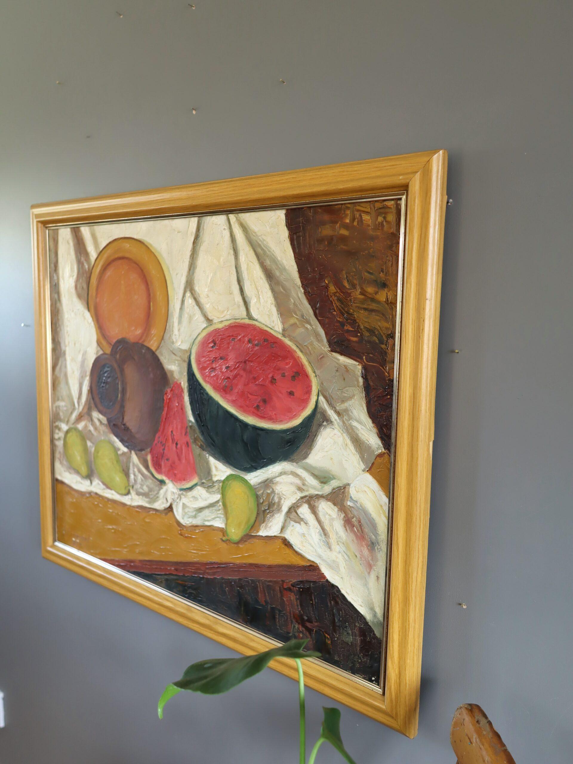 1973 Modernes expressionistisches Stillleben aus der Mitte des Jahrhunderts, Ölgemälde – Aquarell und Topf im Angebot 2