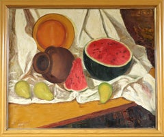 1973 Pintura al óleo expresiva de bodegón moderno de mediados de siglo - Sandía y maceta