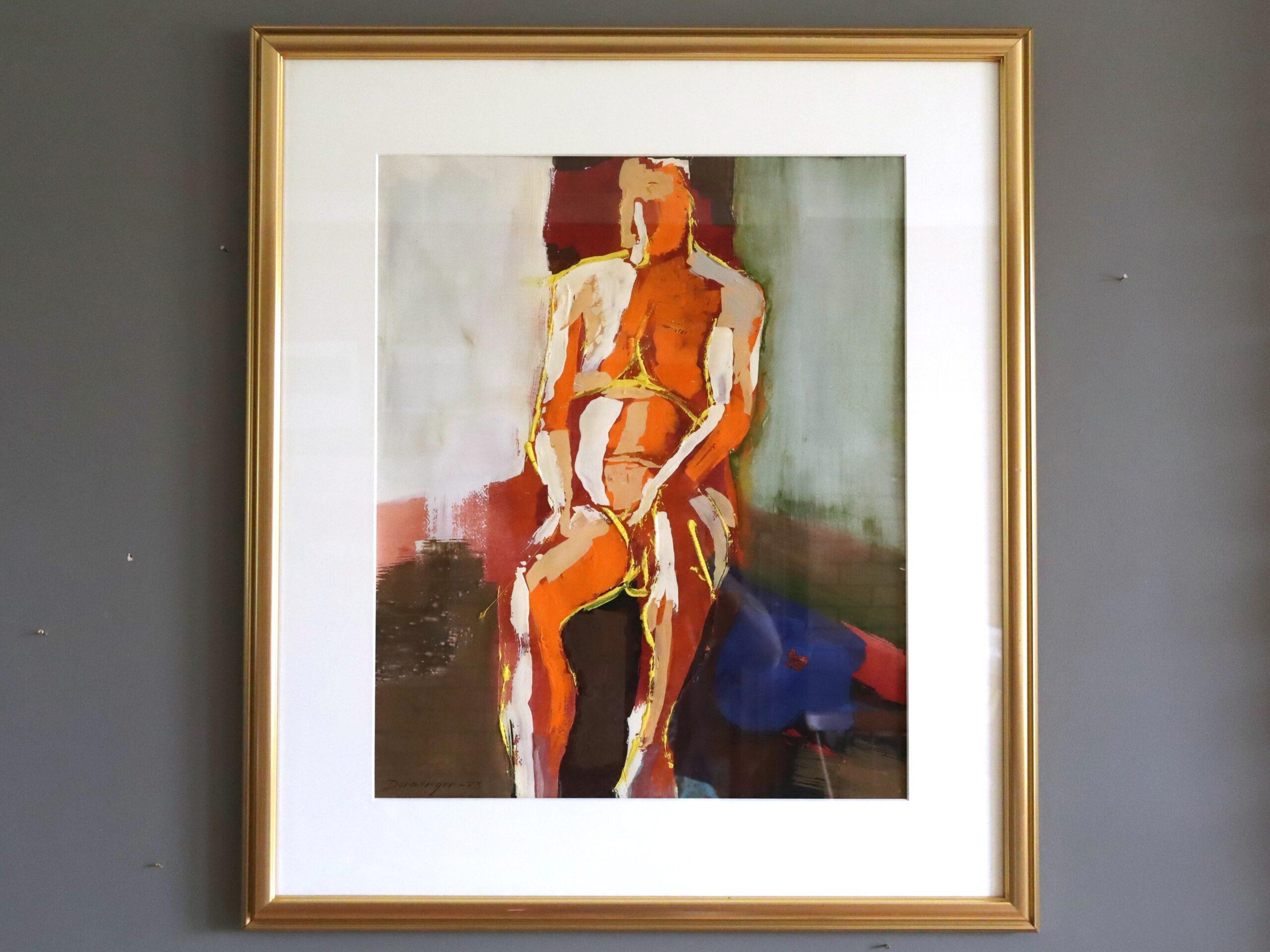 1973 Abstraktes modernistisches figuratives Gemälde in Mischtechnik - Sitzen in der Stille – Painting von Unknown