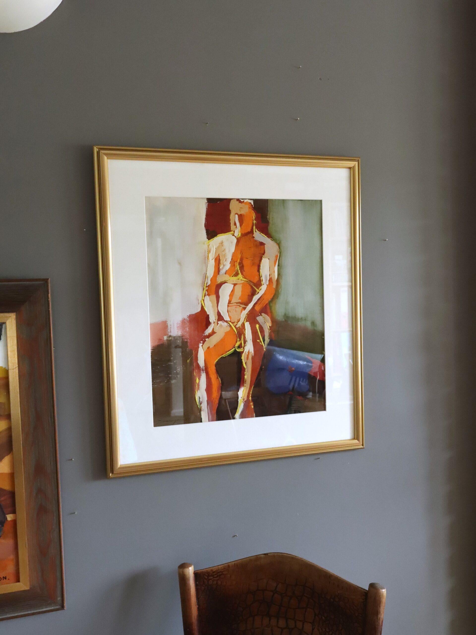 IN STILLE SITZEND
Größe: 63,5 x 55 cm (einschließlich Rahmen)
Gemischte Medien auf Karton

Ein stimmungsvolles abstraktes Gemälde der Moderne, das eine kontemplative Figur in kühnen, gestischen Pinselstrichen darstellt, gemalt in gemischten Medien