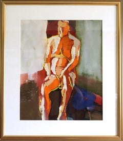 1973 Pintura figurativa abstracta modernista en técnica mixta - Sentado en quietud