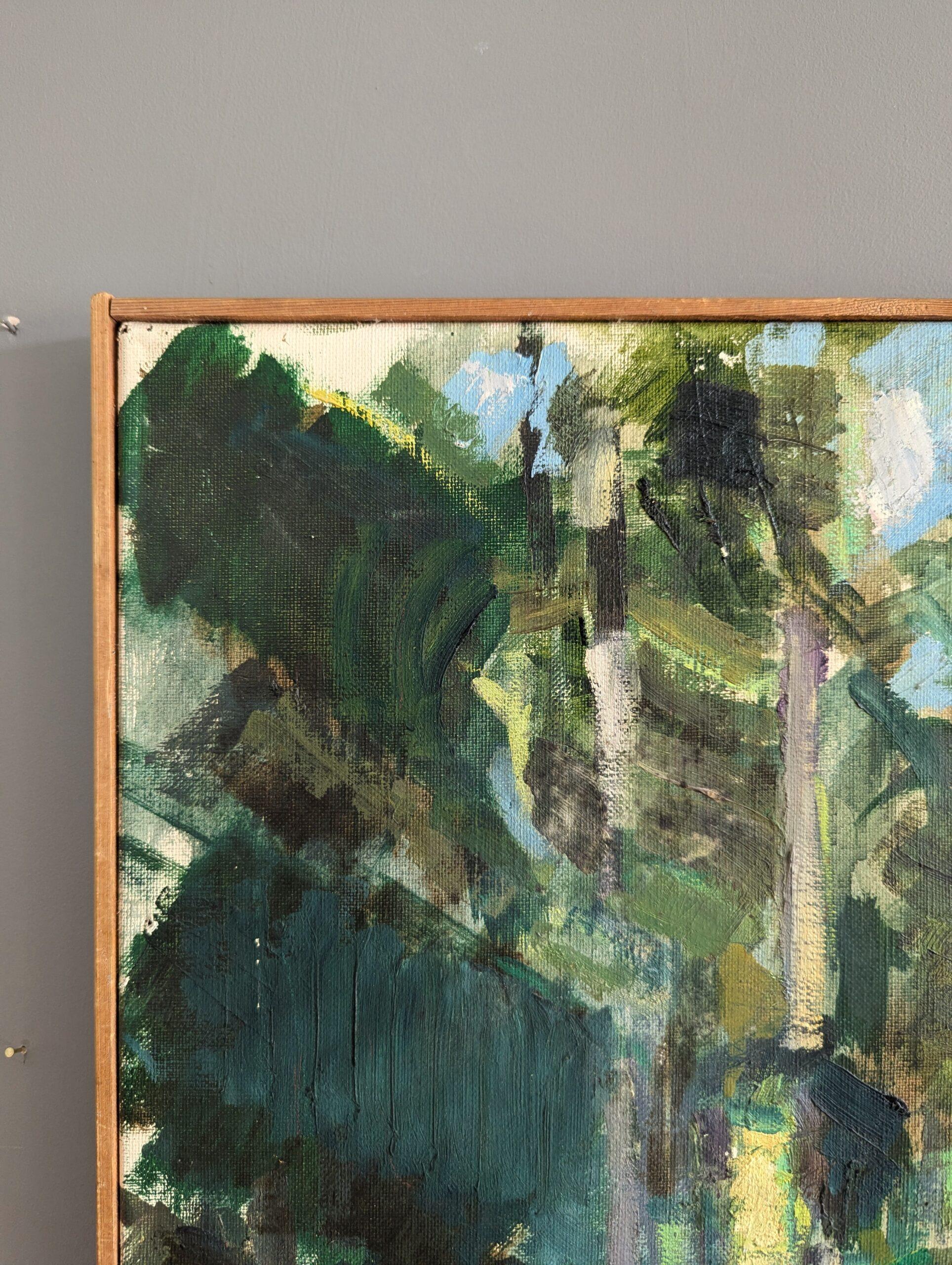 VERDURE ASTRATTE
Dimensioni: 56 x 44 cm (cornice inclusa)
Olio su tela

Un affascinante dipinto di paesaggio astratto della metà del secolo scorso che immerge lo spettatore in una lussureggiante foresta, dipinto a olio su tela e datato 1973.

La