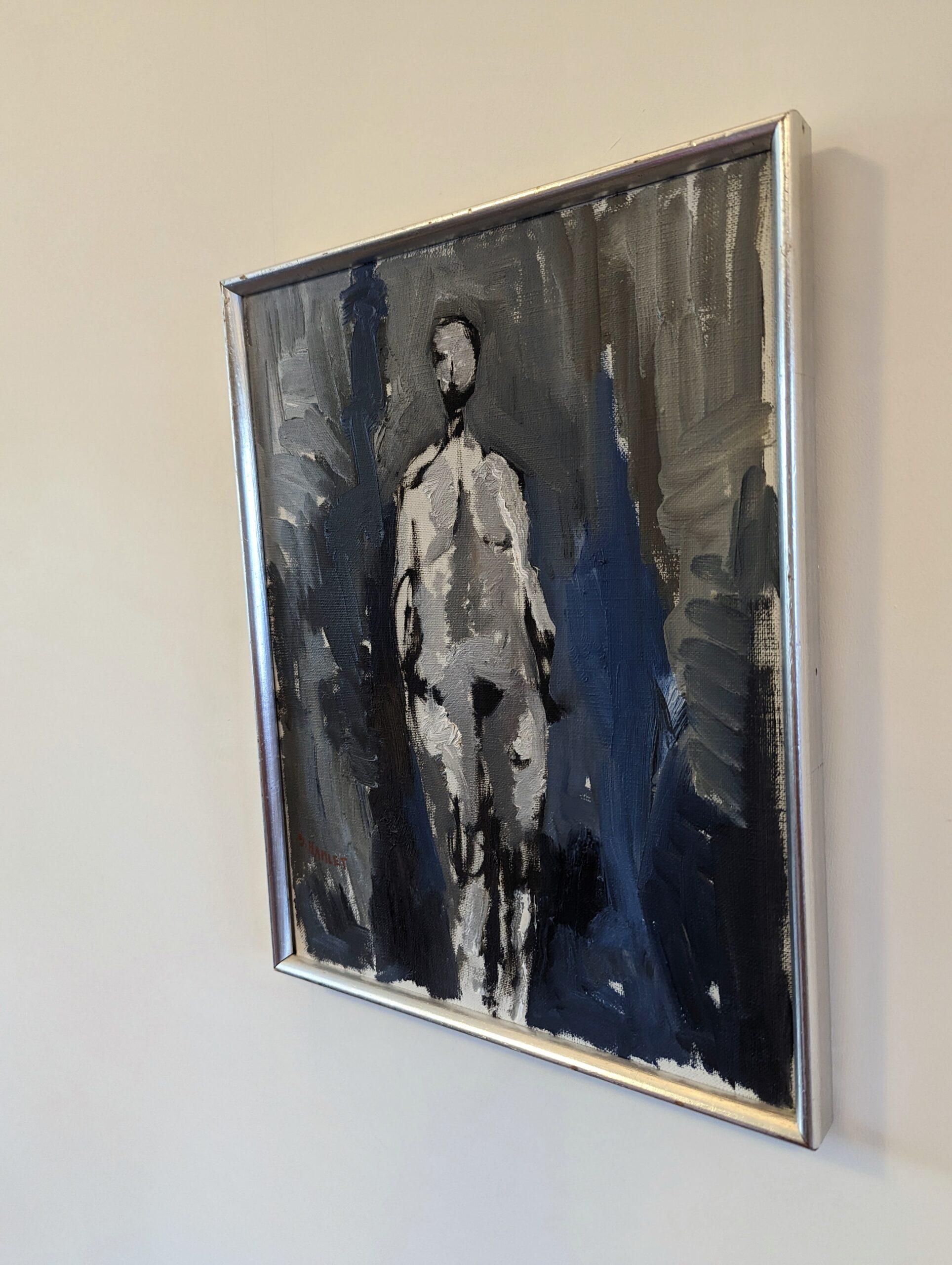 IN THE SHADOWS
Size: 37 x 29 cm (including frame)
Oil on canvas

An emotive and visually captivating abstract figurative painting, executed in oil onto canvas and dated 1973.

Small yet impactful, a standing abstracted figure punctuates the center