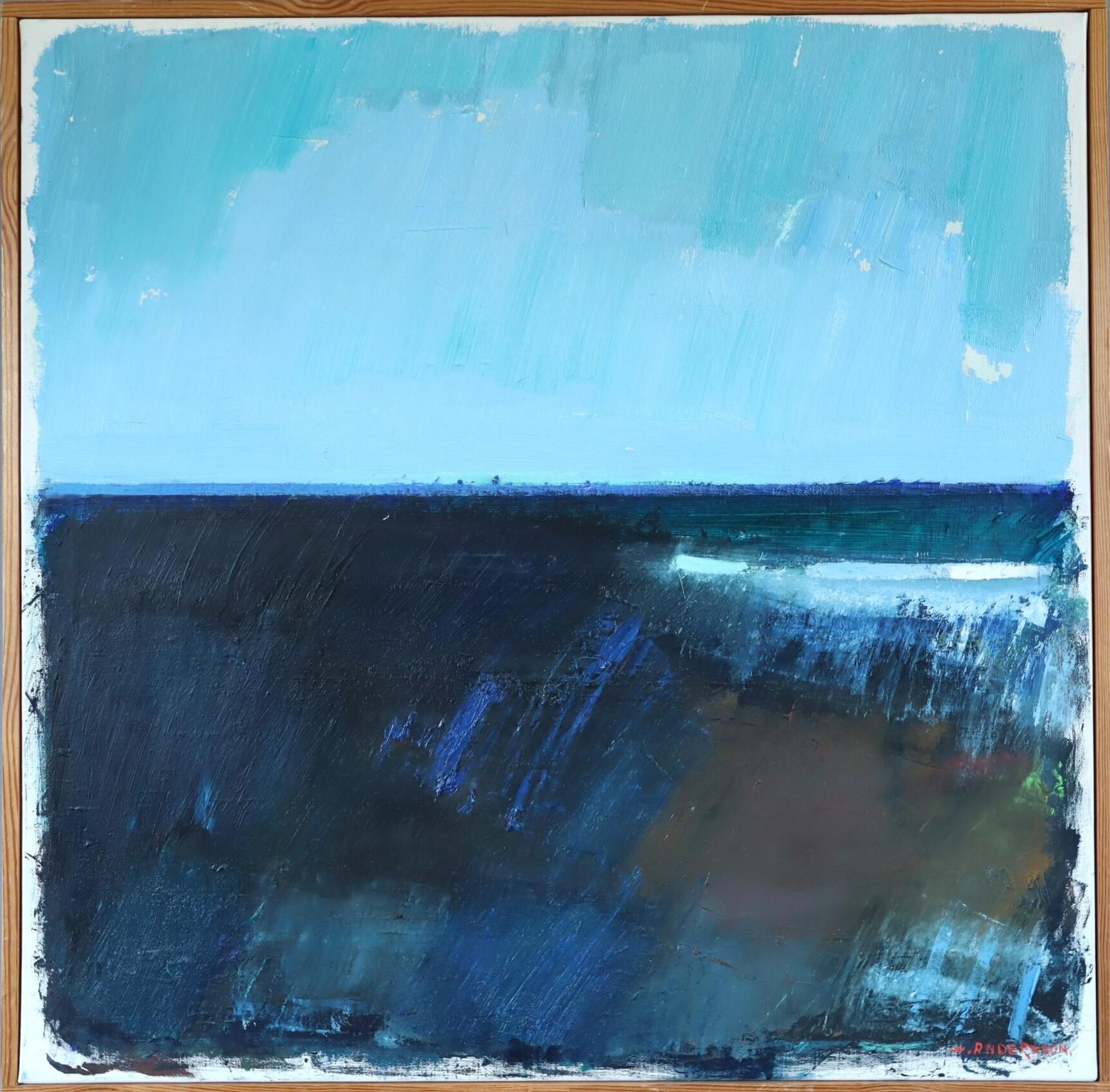 1973 Vintage Modernist Swedish Abstract Landscape Oil Painting - Blue Divide