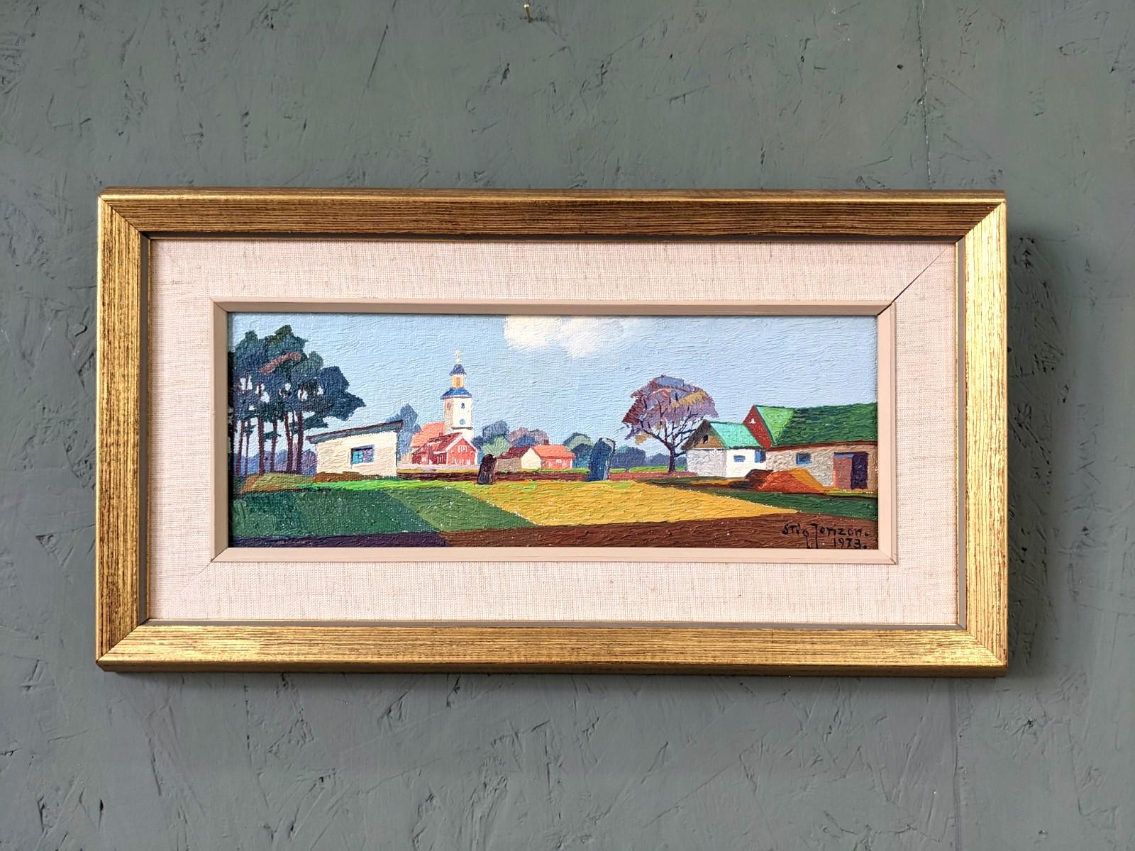 1973 Vintage Modernist Swedish Landscape Oil Painting - Paesaggio urbano - Landscape Painting Beige di Unknown