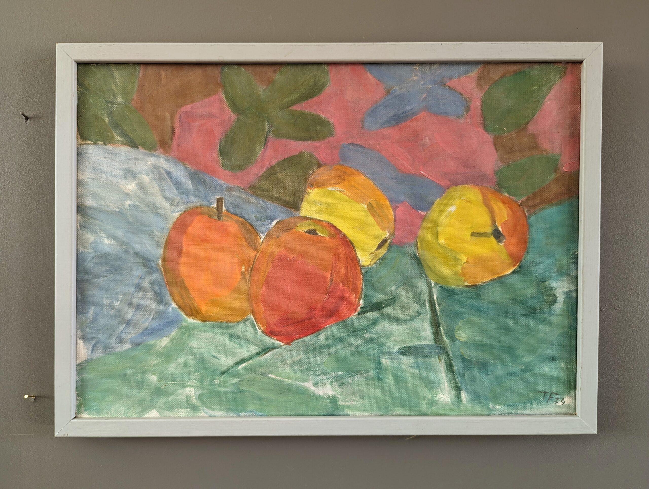FOUR APPLES 
Size: 31.5 x 43.5 cm (including frame)
Oil on Canvas

A very pleasant modernist still life oil composition dated 1974, and painted by the established Swedish artist Ture Fabiansson (1910-1994), whose works have been exhibited in public