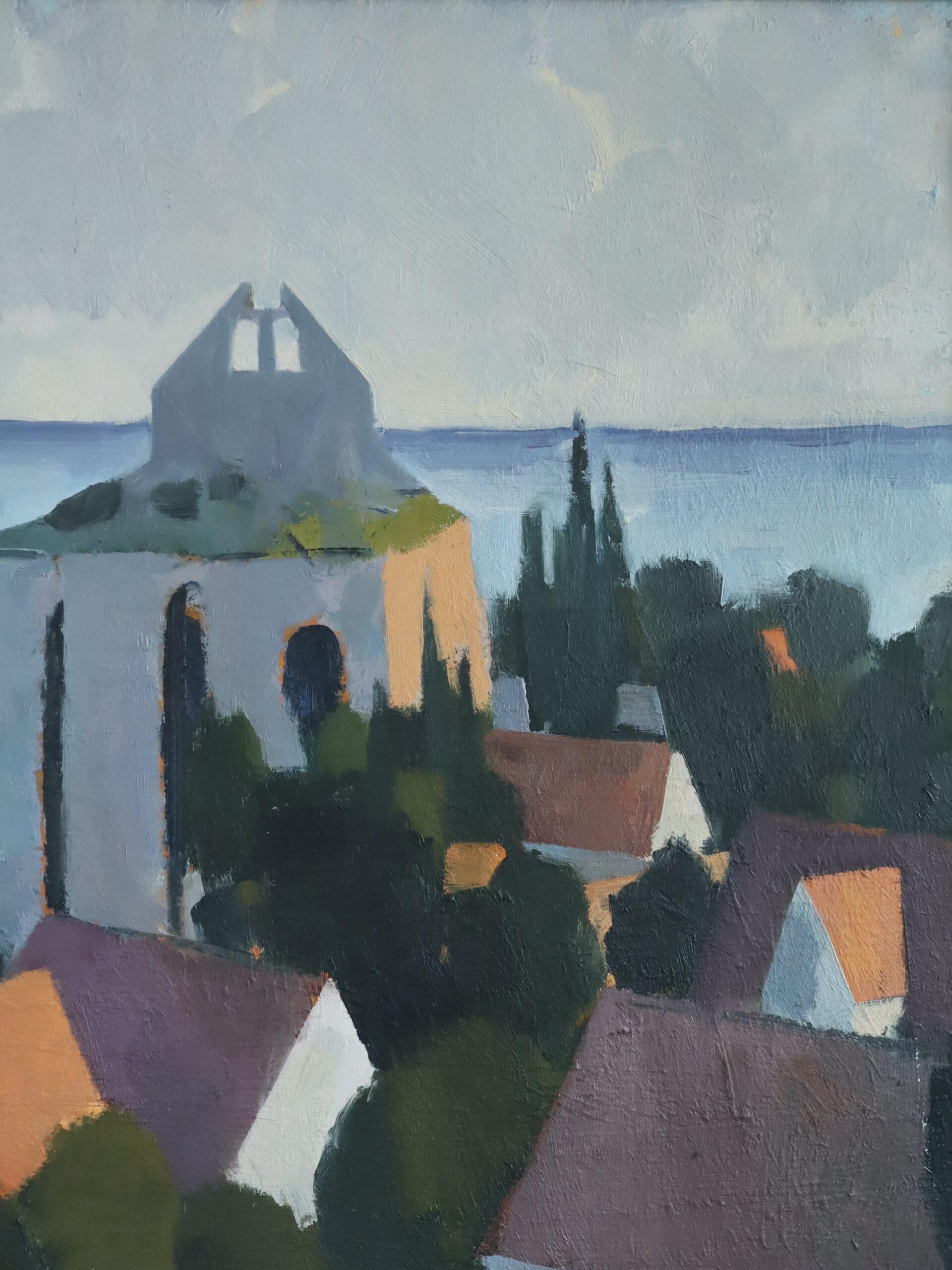 1974 Peinture à l'huile moderniste suédoise d'un paysage côtier - Townes by the Sea en vente 5