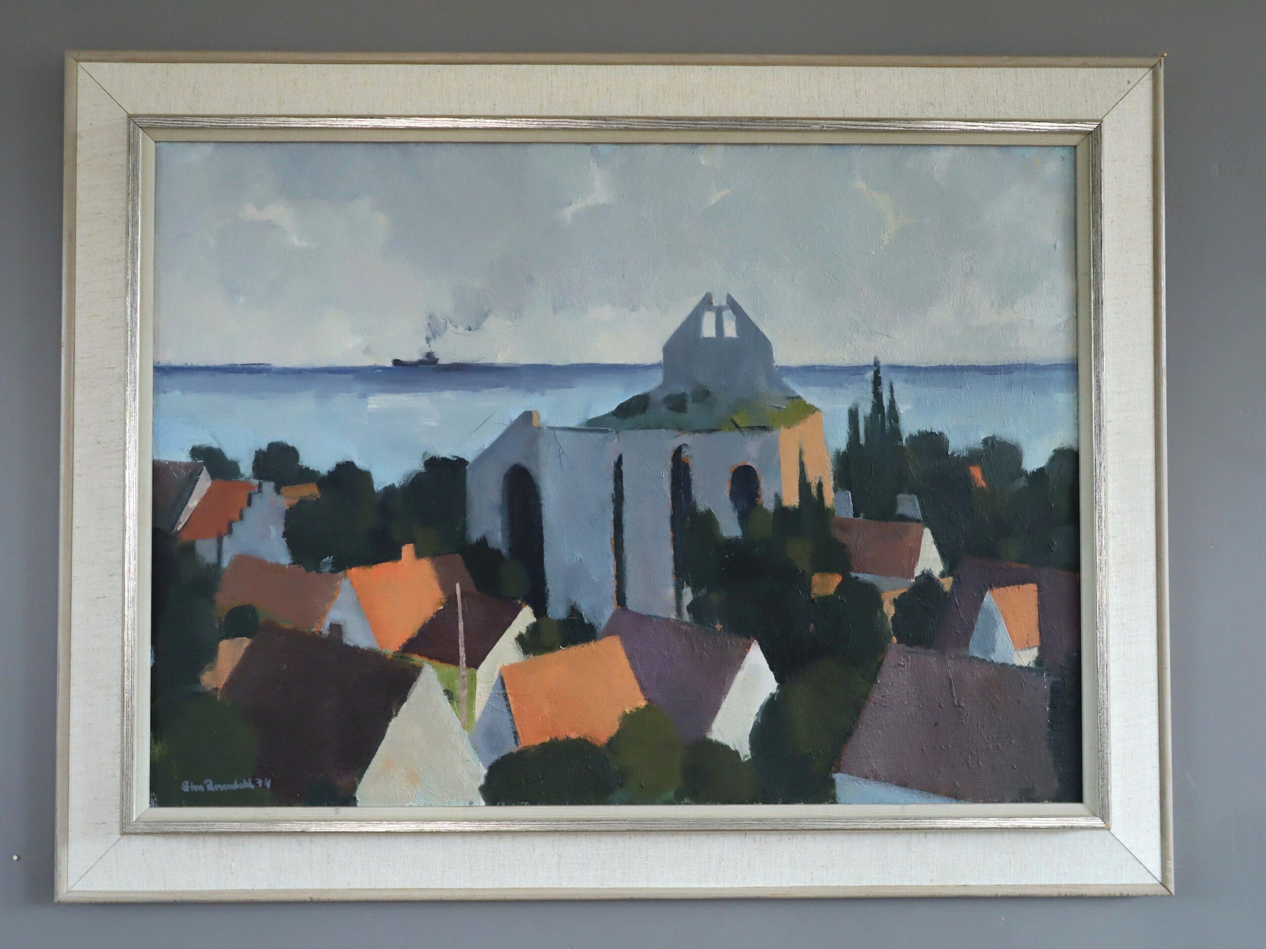 1974 Peinture à l'huile moderniste suédoise d'un paysage côtier - Townes by the Sea - Painting de Unknown