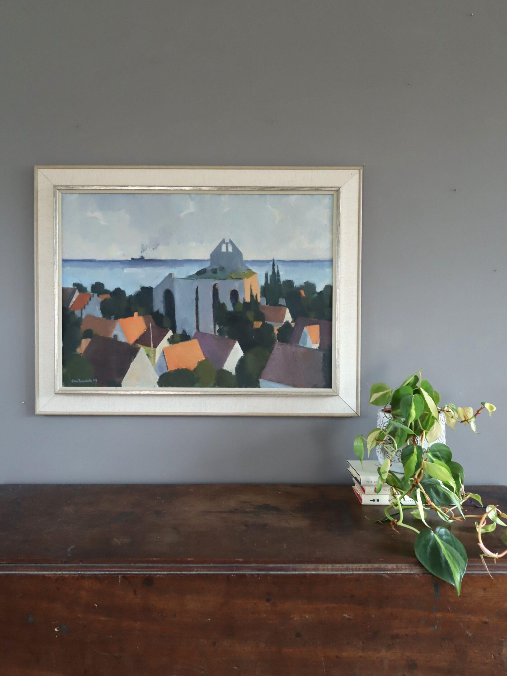 1974 Peinture à l'huile moderniste suédoise d'un paysage côtier - Townes by the Sea - Moderne Painting par Unknown