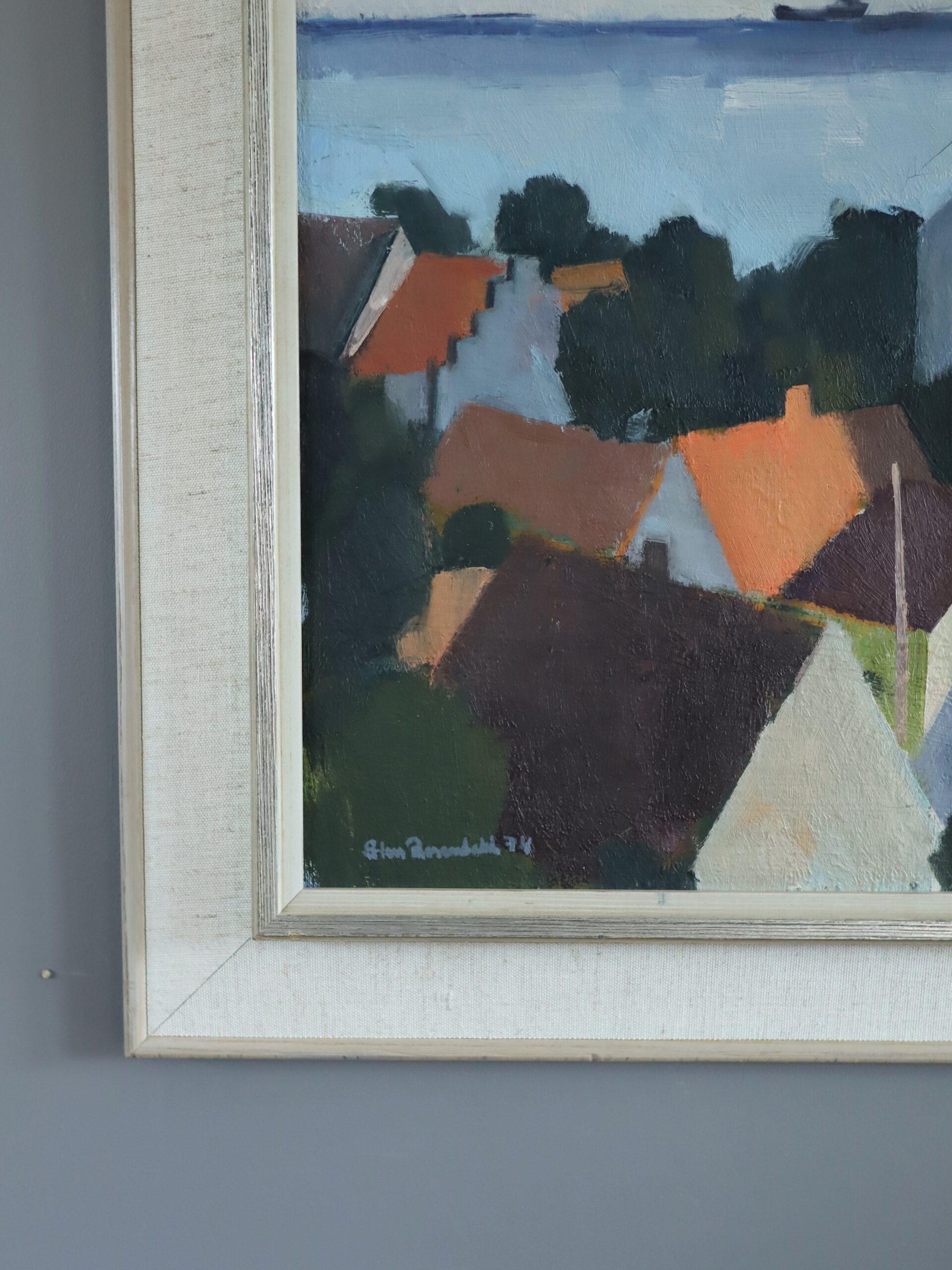 1974 Peinture à l'huile moderniste suédoise d'un paysage côtier - Townes by the Sea en vente 1