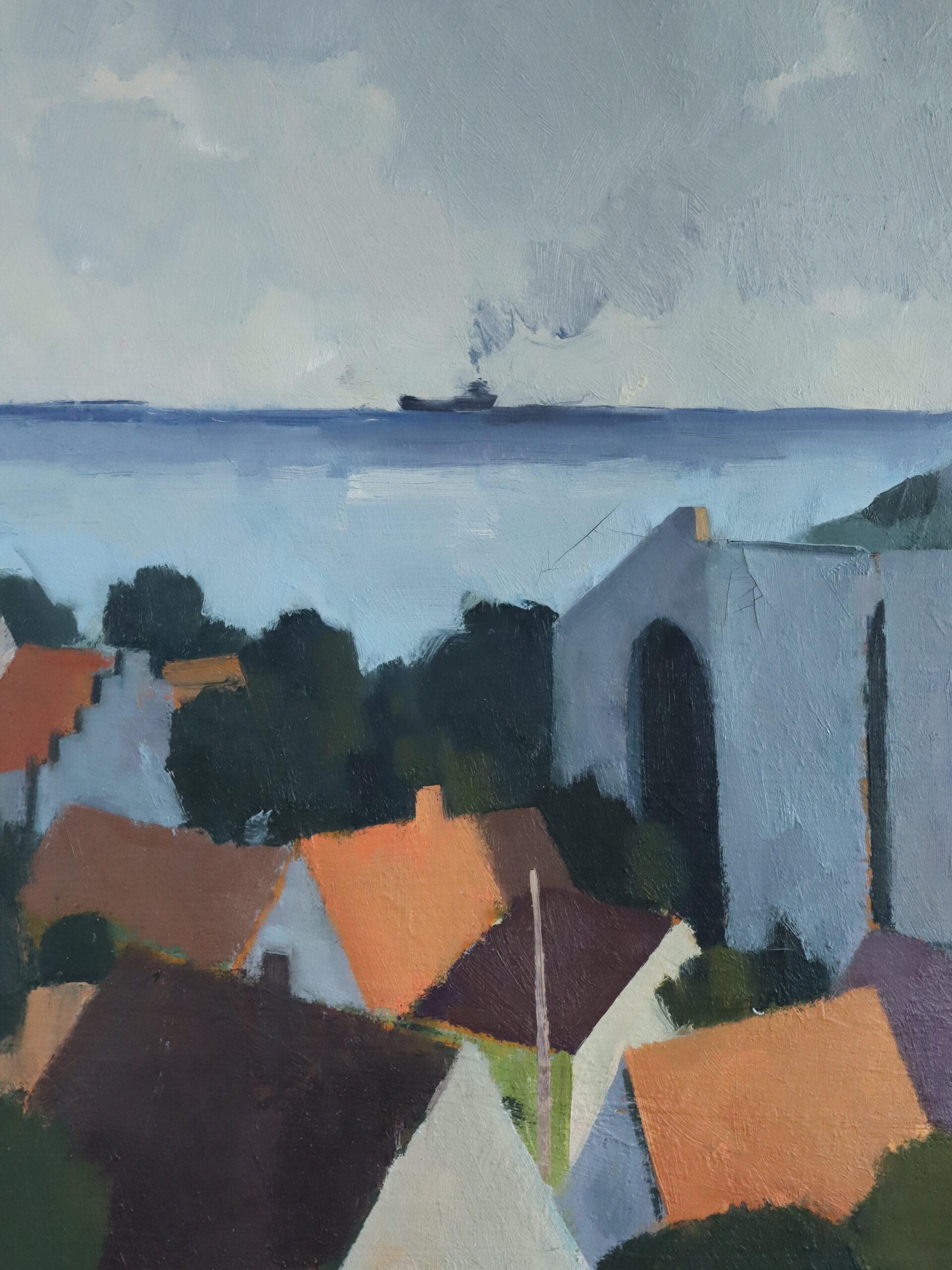 1974 Peinture à l'huile moderniste suédoise d'un paysage côtier - Townes by the Sea en vente 3