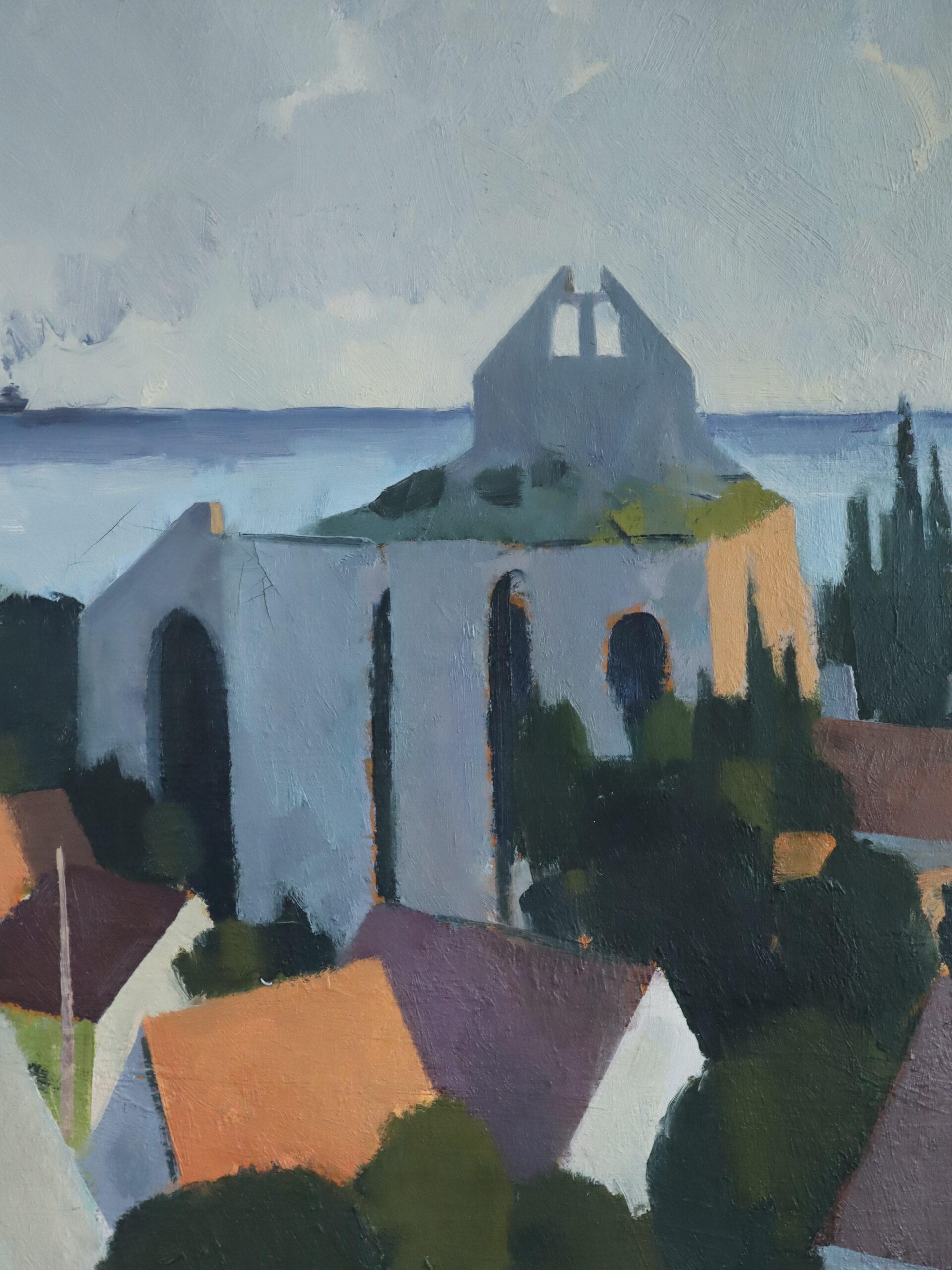 1974 Peinture à l'huile moderniste suédoise d'un paysage côtier - Townes by the Sea en vente 4
