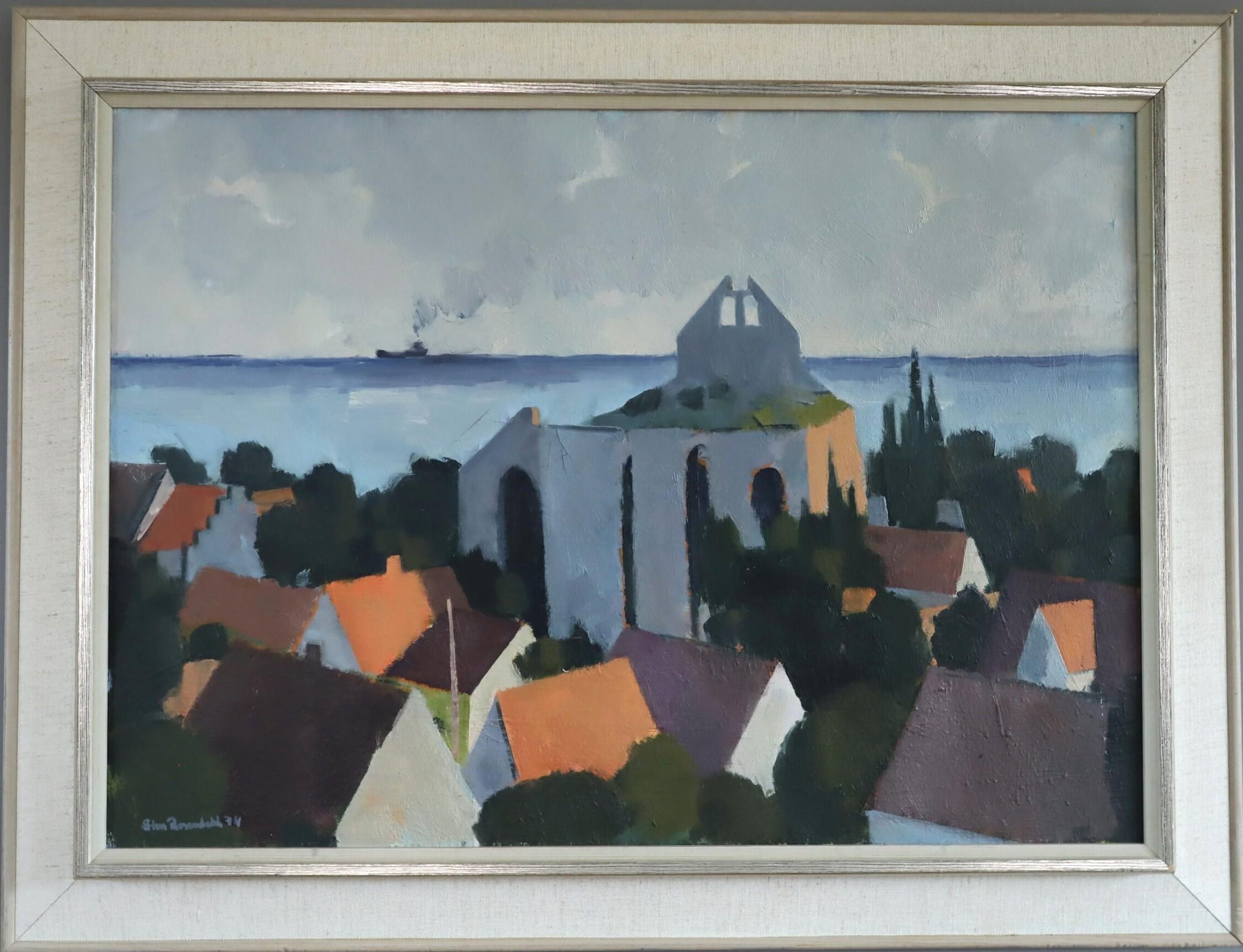 1974 Modernistische schwedische Küstenlandschaft Ölgemälde - Townes by the Sea