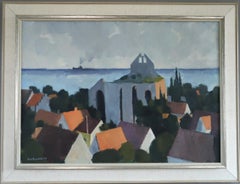 1974 Paesaggio costiero svedese modernista dipinto a olio - Townes by the Sea