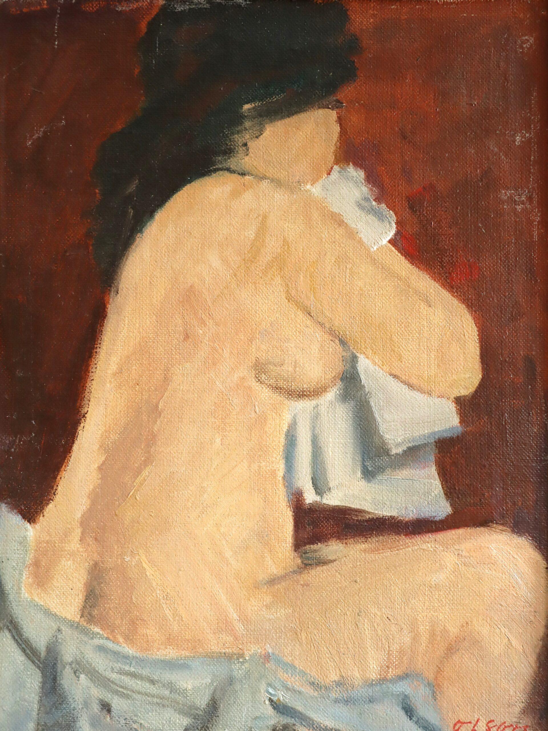 1974 Modernist Swedish Expressive Nude Portrait Oil Painting - Repose by Red For Sale 7